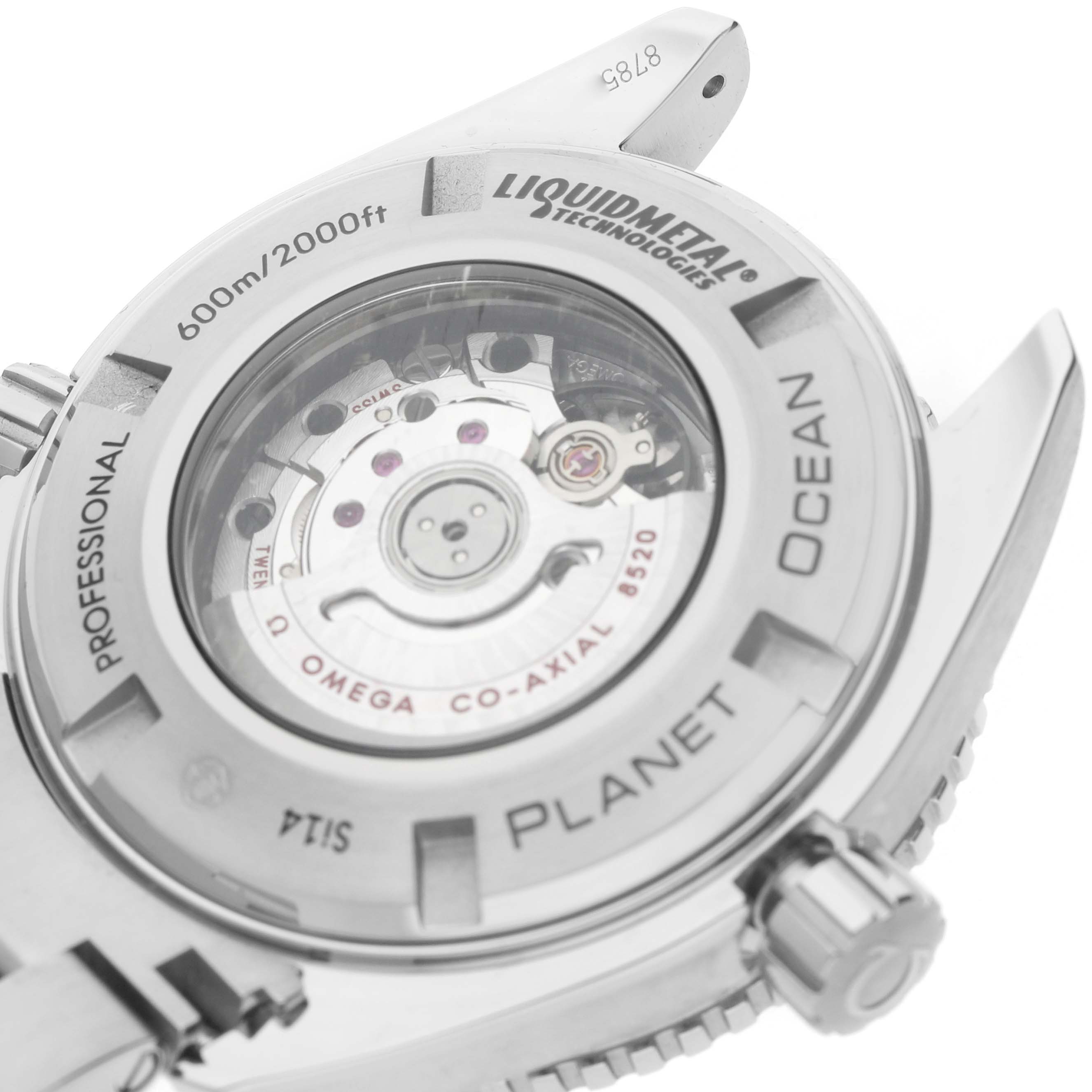 The image shows the back of an Omega Seamaster 232.90.38.20.03.001 Men's Stainless Steel Blue Dial, highlighting the transparent case back and visible movement.