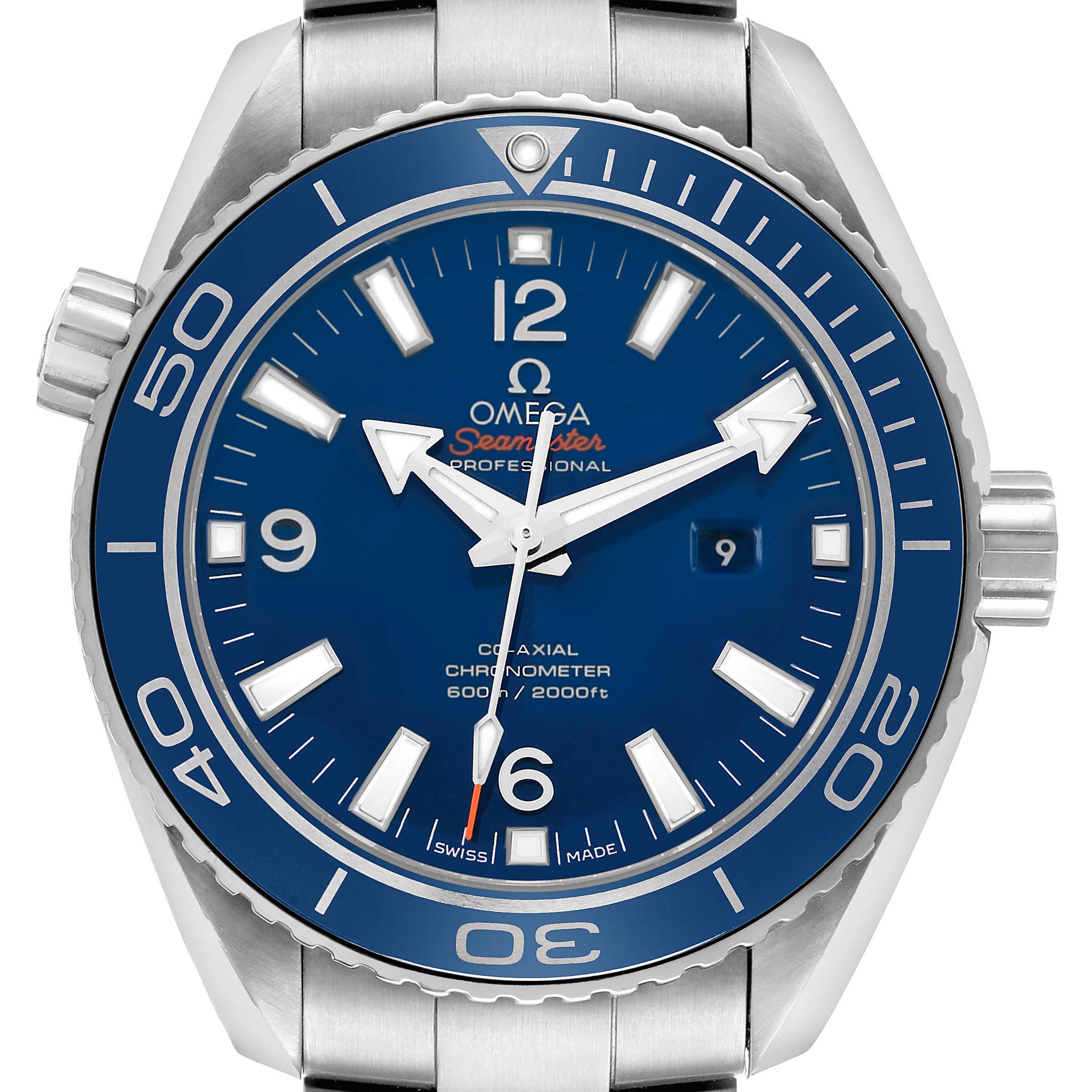 The Omega Seamaster 232.90.38.20.03.001 Men's Stainless Steel Blue Dial watch is shown from the front, displaying the dial, bezel, hands, indices, and date window.