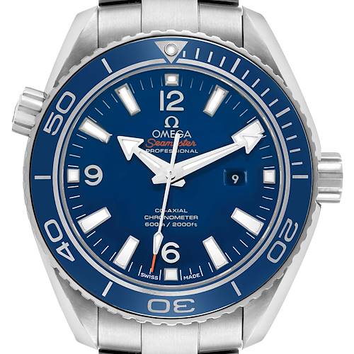 The Omega Seamaster 232.90.38.20.03.001 Men's Stainless Steel Blue Dial watch is shown from a front angle, highlighting its blue dial, bezel, and stainless steel bracelet.