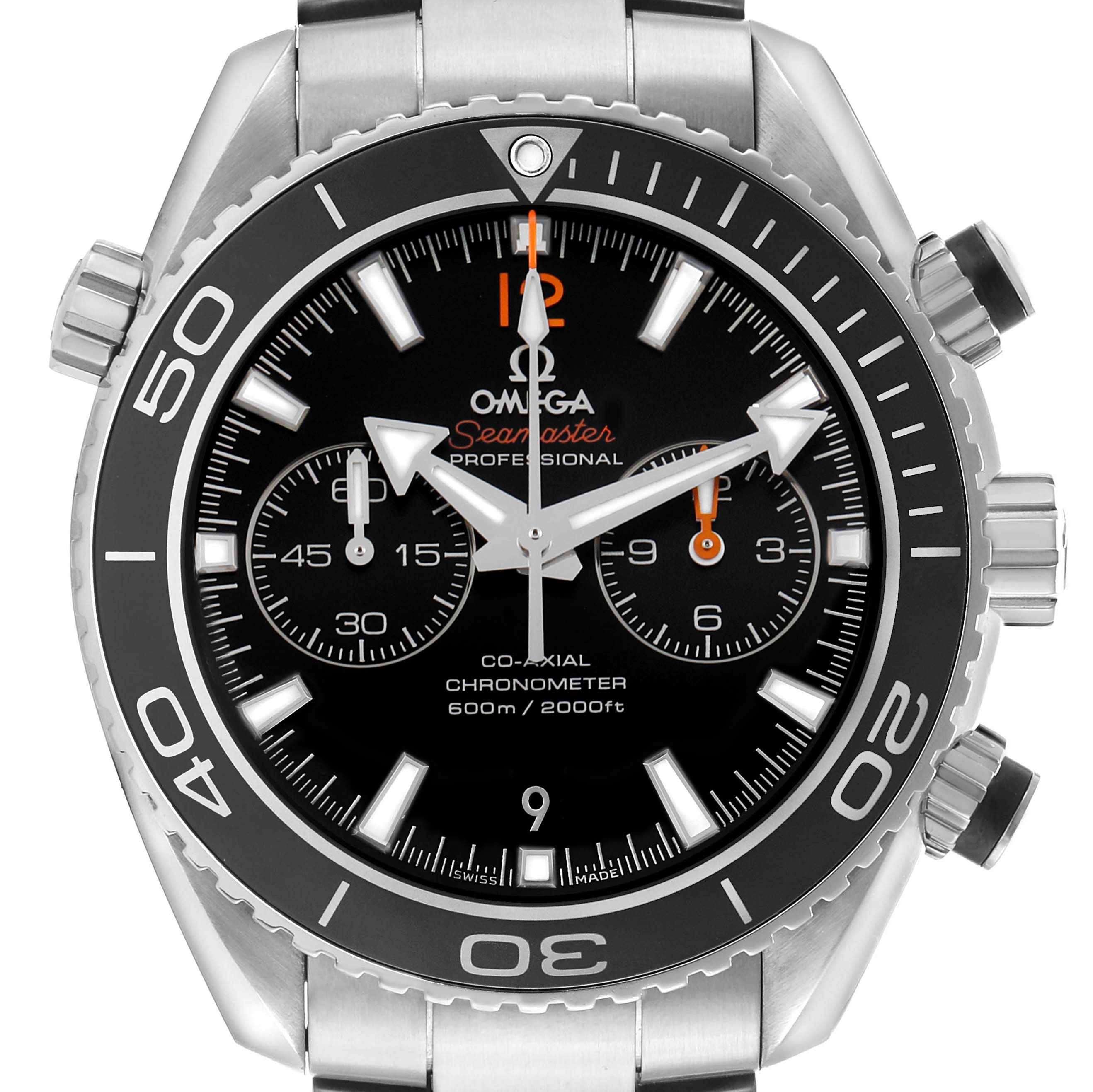 The Omega Planet Ocean 232.30.42.21.01.003 Men's Stainless Steel Black Dial model is shown from the front, highlighting the dial, bezel, and crown.