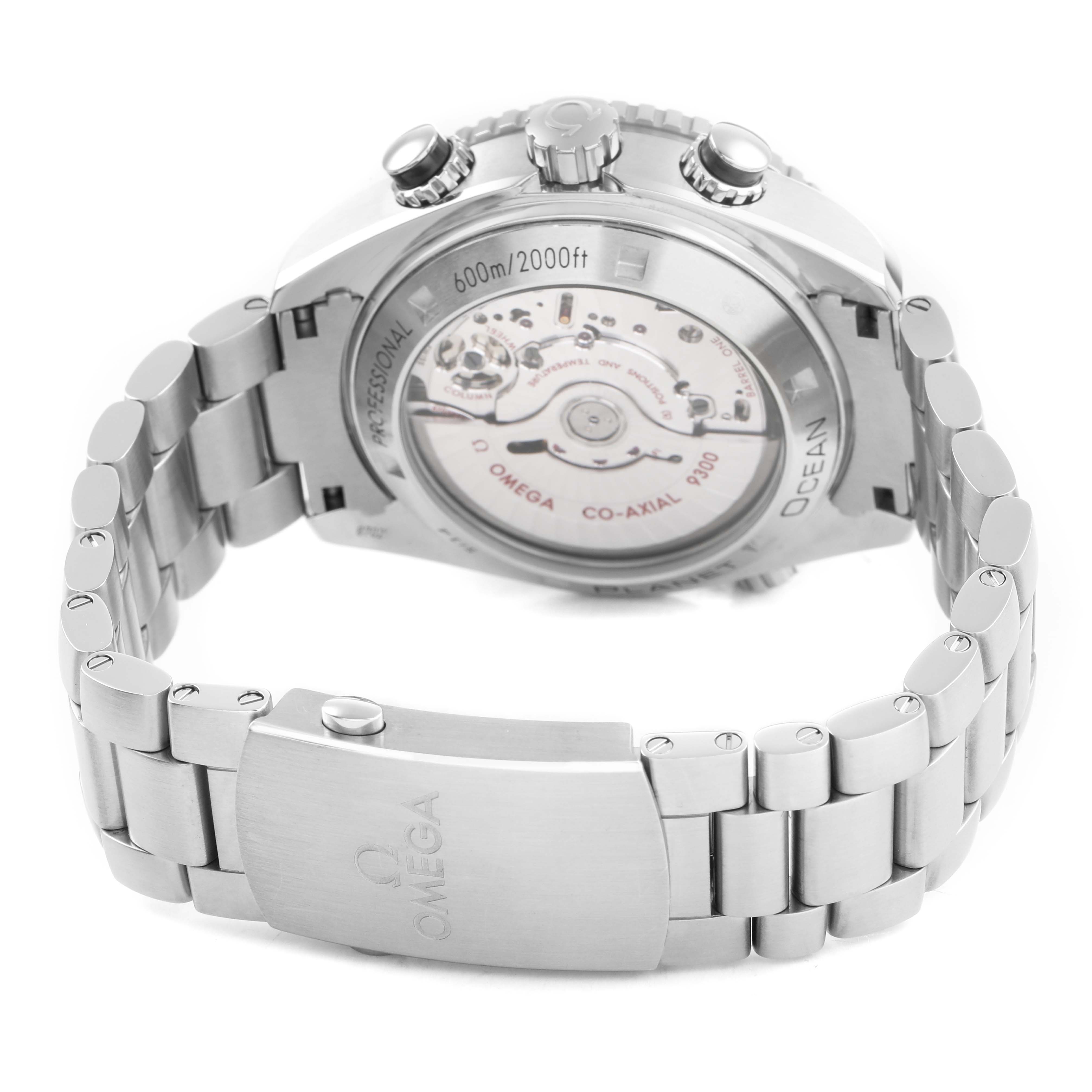 The image shows the back case and bracelet of the Omega Planet Ocean 232.30.42.21.01.003 Men's Stainless Steel Black Dial, highlighting the movement and clasp.