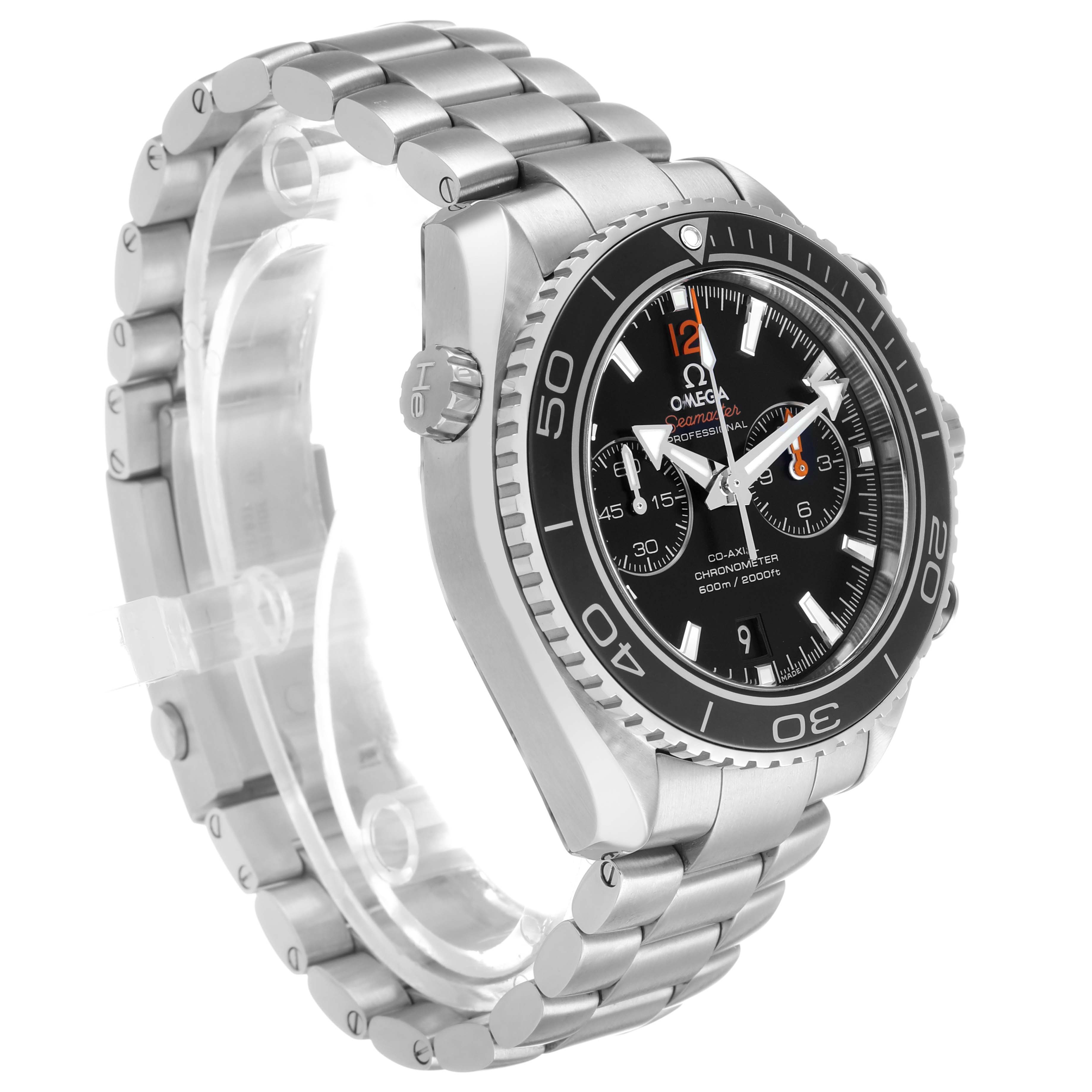 The Omega Planet Ocean 232.30.42.21.01.003 Men's Stainless Steel Black Dial watch is shown at a three-quarter angle, highlighting the face, bezel, bracelet, and crown.