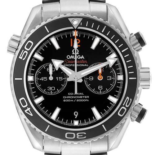 The Omega Planet Ocean 232.30.42.21.01.003 Men's Stainless Steel Black Dial watch is shown from a front angle, highlighting the dial, bezel, and crowns.