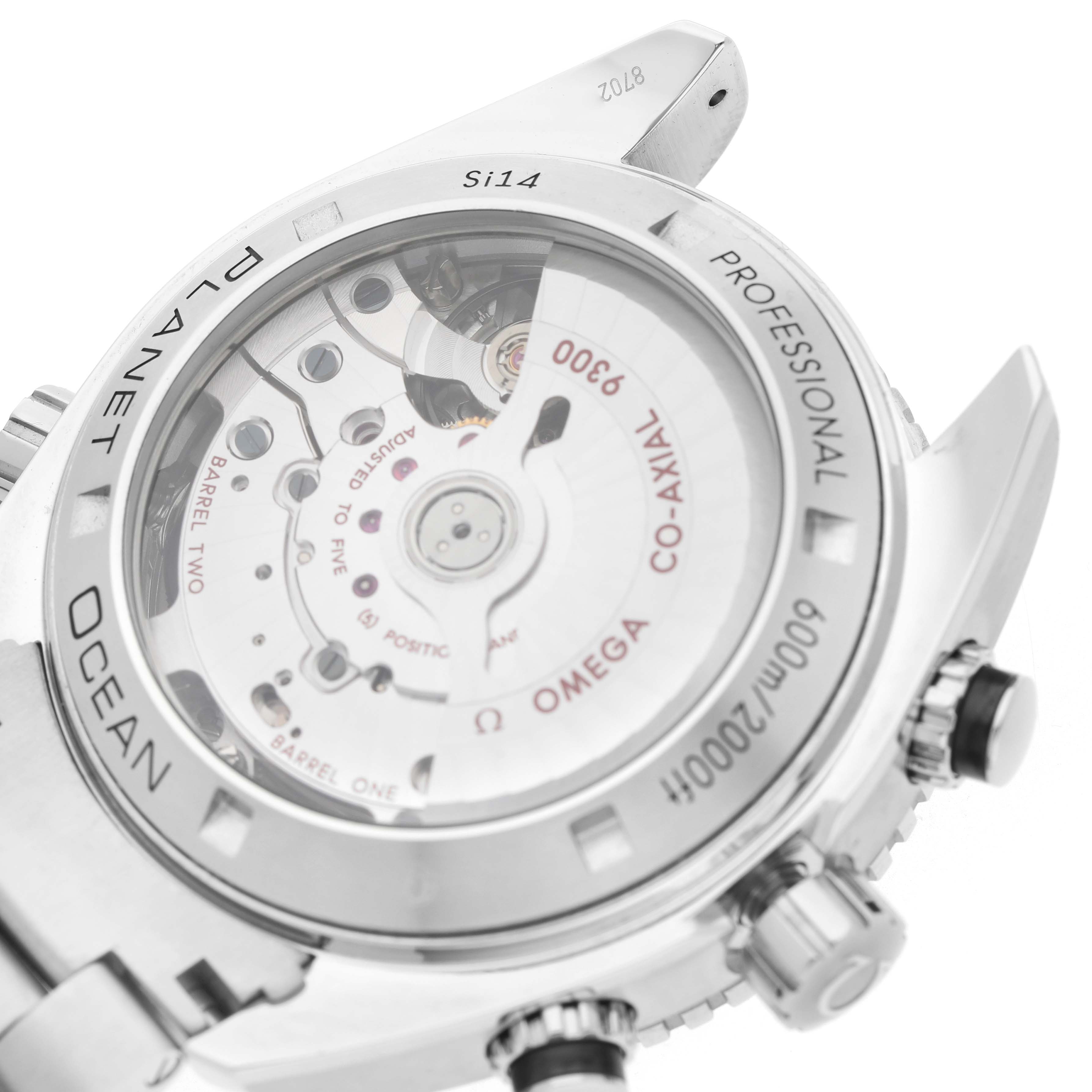 The image shows the back side of an Omega Planet Ocean 232.30.42.21.01.003 Men's Stainless Steel Black Dial watch, focusing on its intricate Co-Axial movement through the transparent case back.