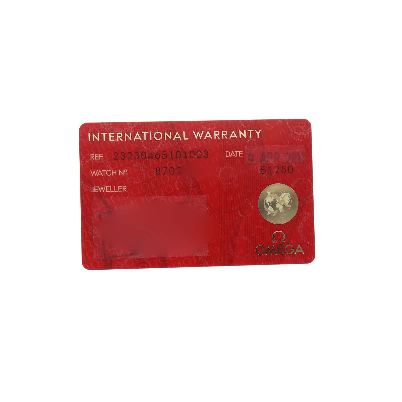 The image shows an Omega Planet Ocean 232.30.42.21.01.003 Men's Stainless Steel Black Dial International Warranty card from a top-down angle.