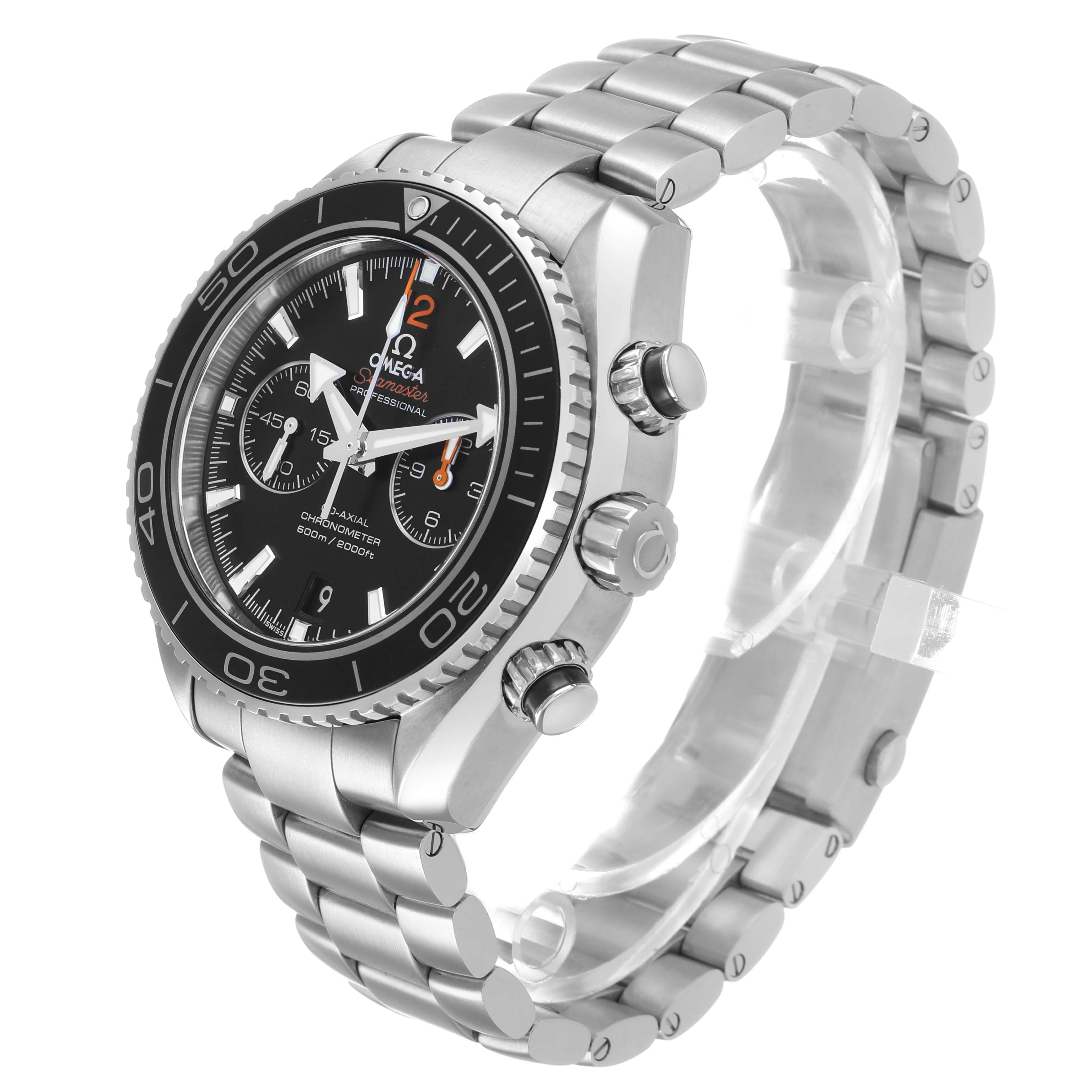 The Omega Planet Ocean 232.30.42.21.01.003 Men's Stainless Steel Black Dial watch is shown at a three-quarter angle, highlighting the face, crown, and bracelet.