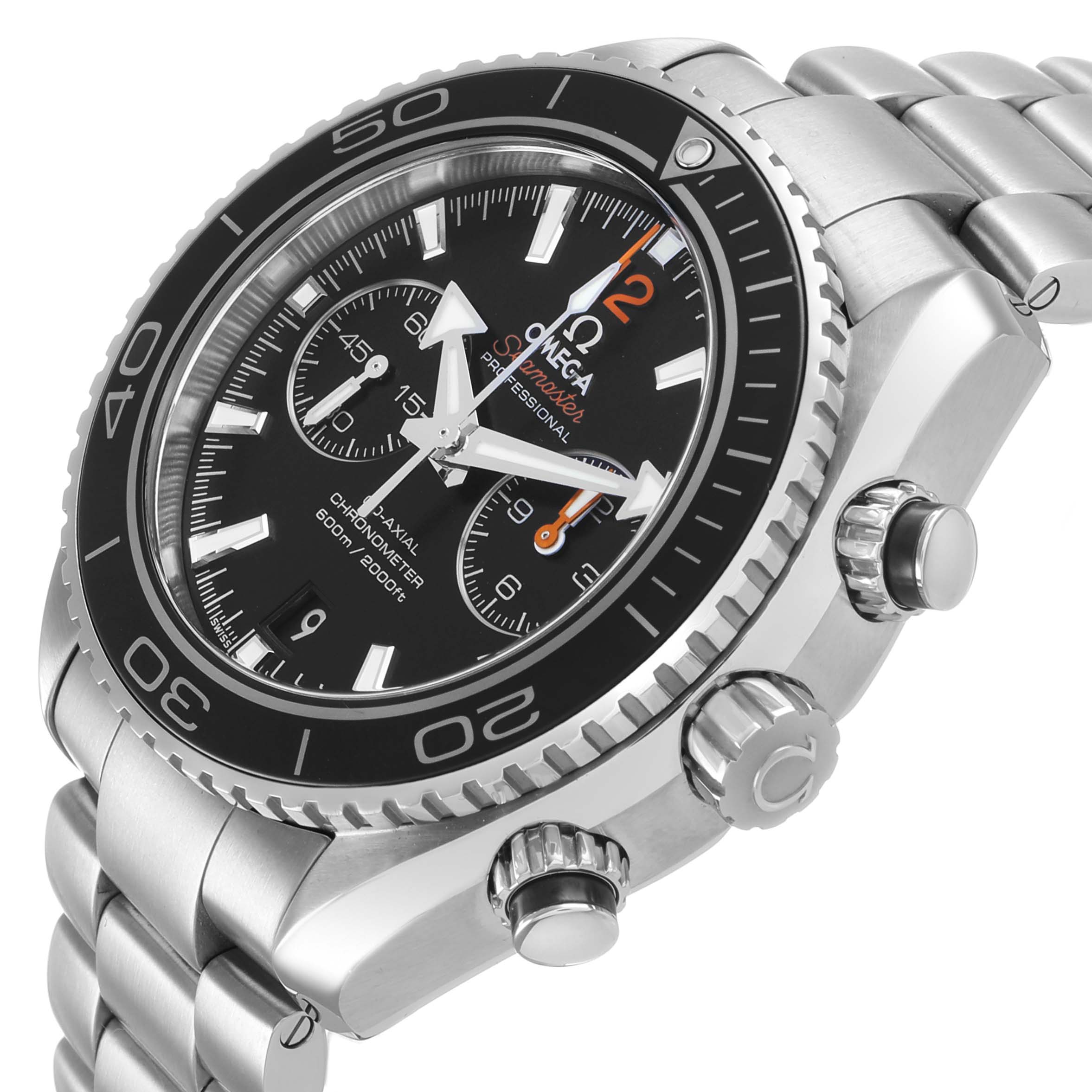 The Omega Planet Ocean 232.30.42.21.01.003 Men's Stainless Steel Black Dial watch is shown from a slight side angle, displaying the case, bezel, crown, and bracelet.