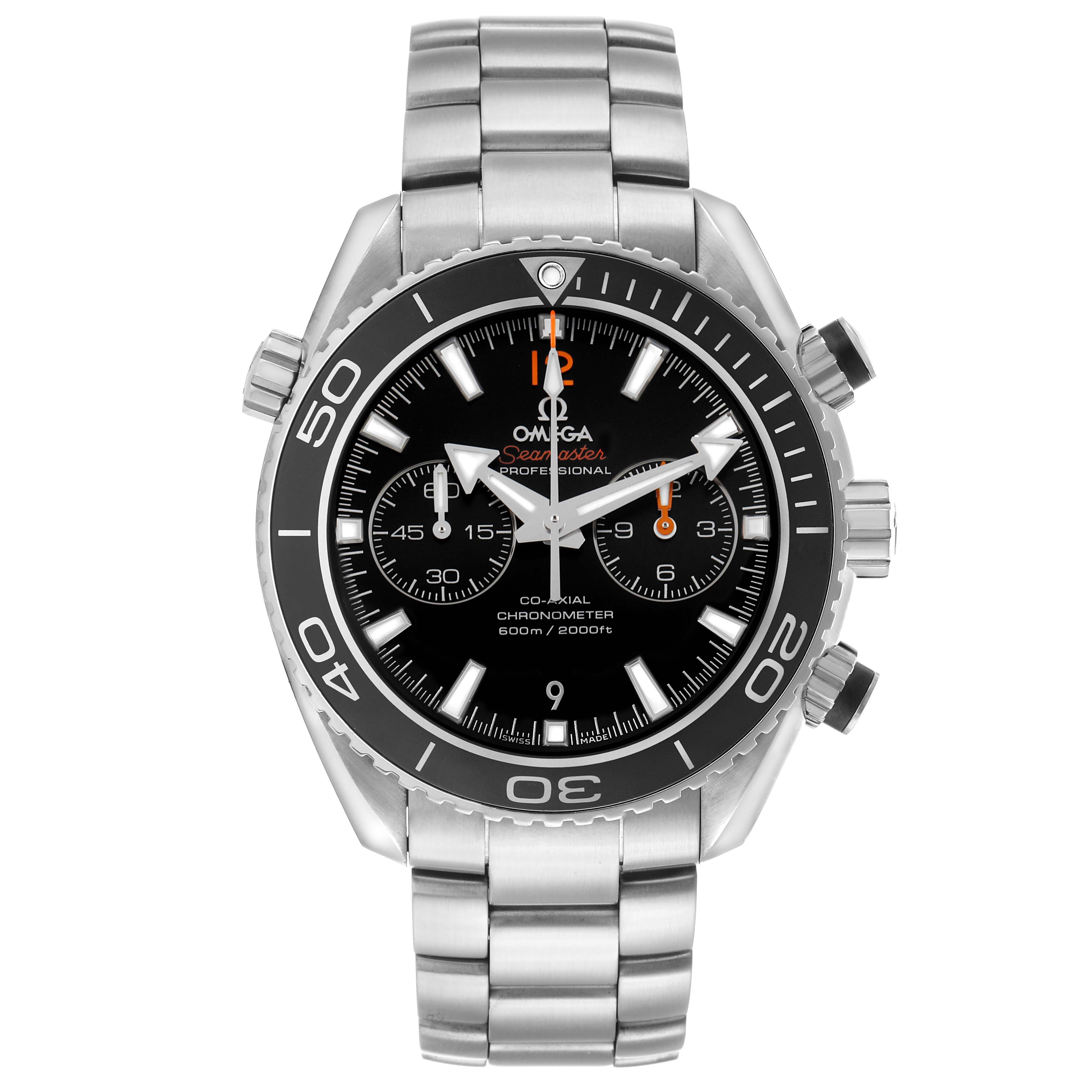 This Omega Planet Ocean 232.30.42.21.01.003 Men's Stainless Steel Black Dial watch is shown from the front, displaying the face, bezel, and bracelet.