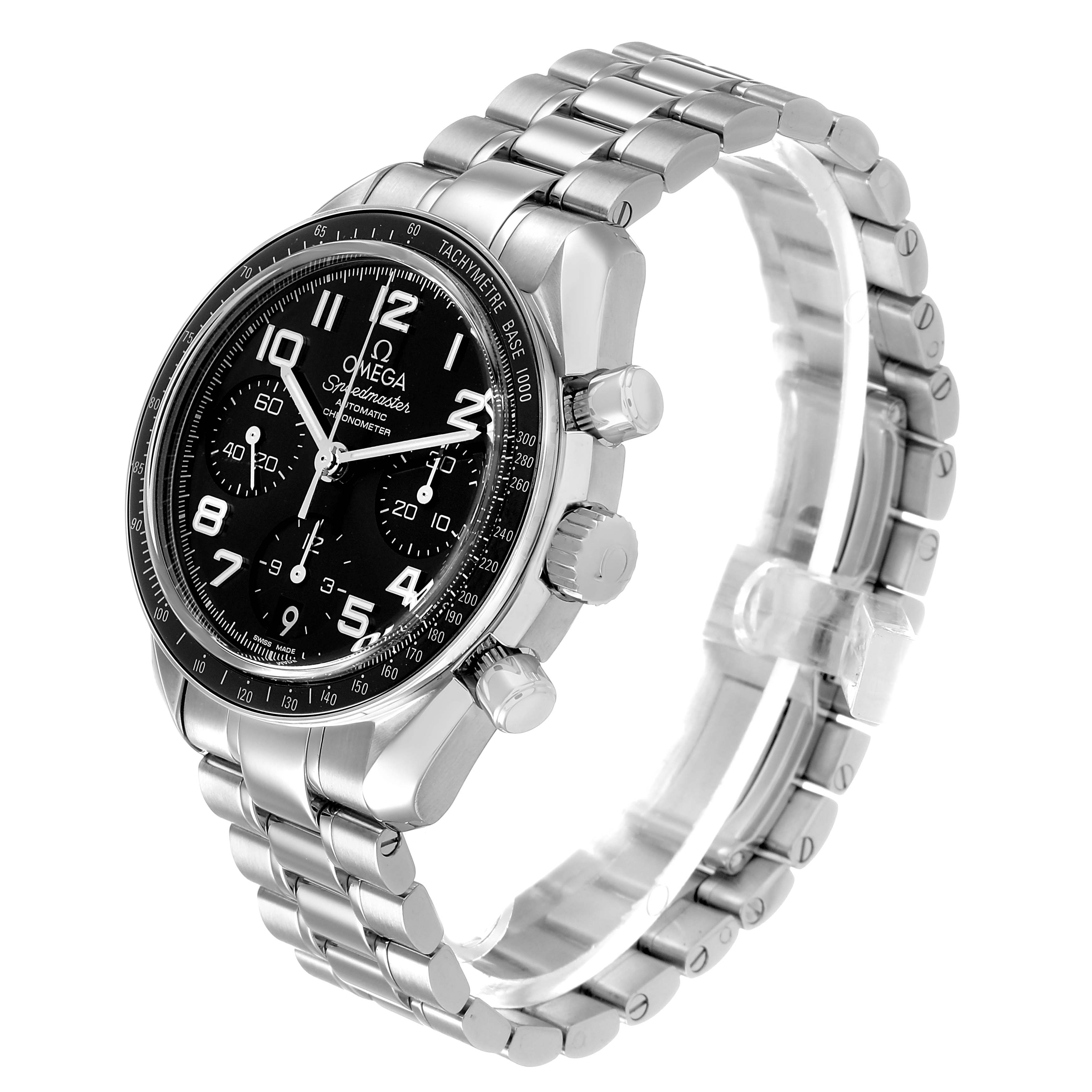The Omega Speedmaster 324.30.38.40.06.001 Men's Stainless Steel Grey Dial watch is shown at a three-quarter angle highlighting the dial, bezel, crown, pushers, and bracelet.