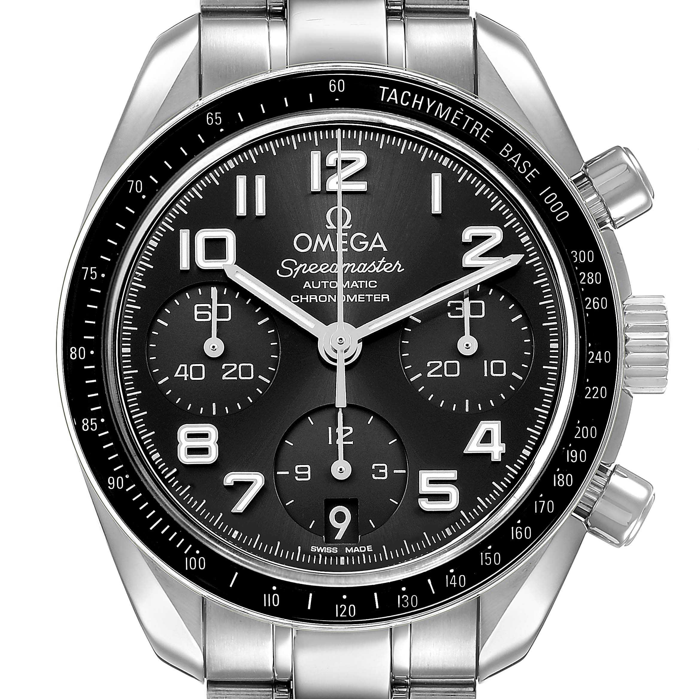 The Omega Speedmaster 324.30.38.40.06.001 Men's Stainless Steel Grey Dial watch is shown from a front angle, displaying the dial, hands, subdials, and tachymetre bezel.