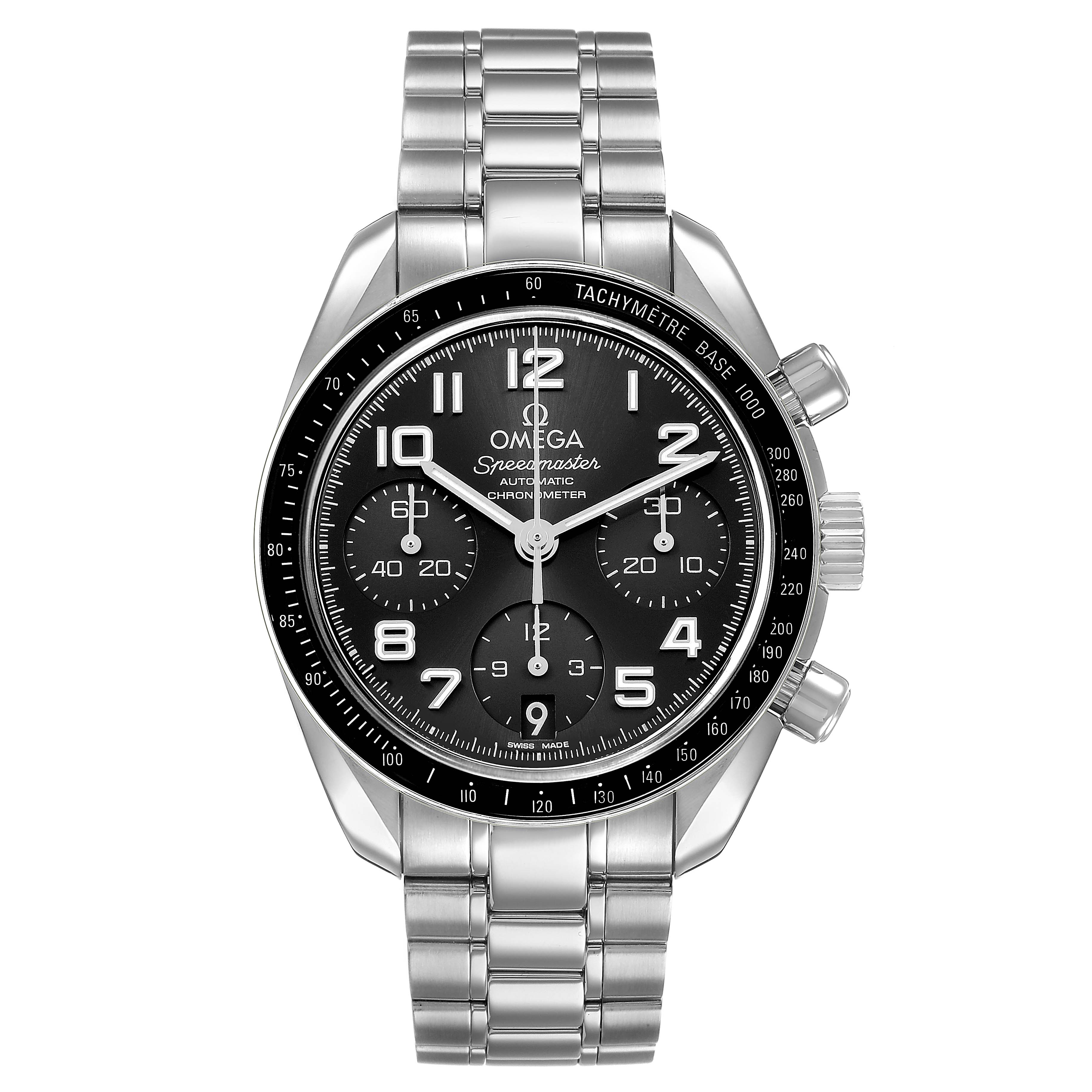 The Omega Speedmaster 324.30.38.40.06.001 Men's Stainless Steel Grey Dial watch is shown from a front angle, displaying its dial, bezel, and bracelet.