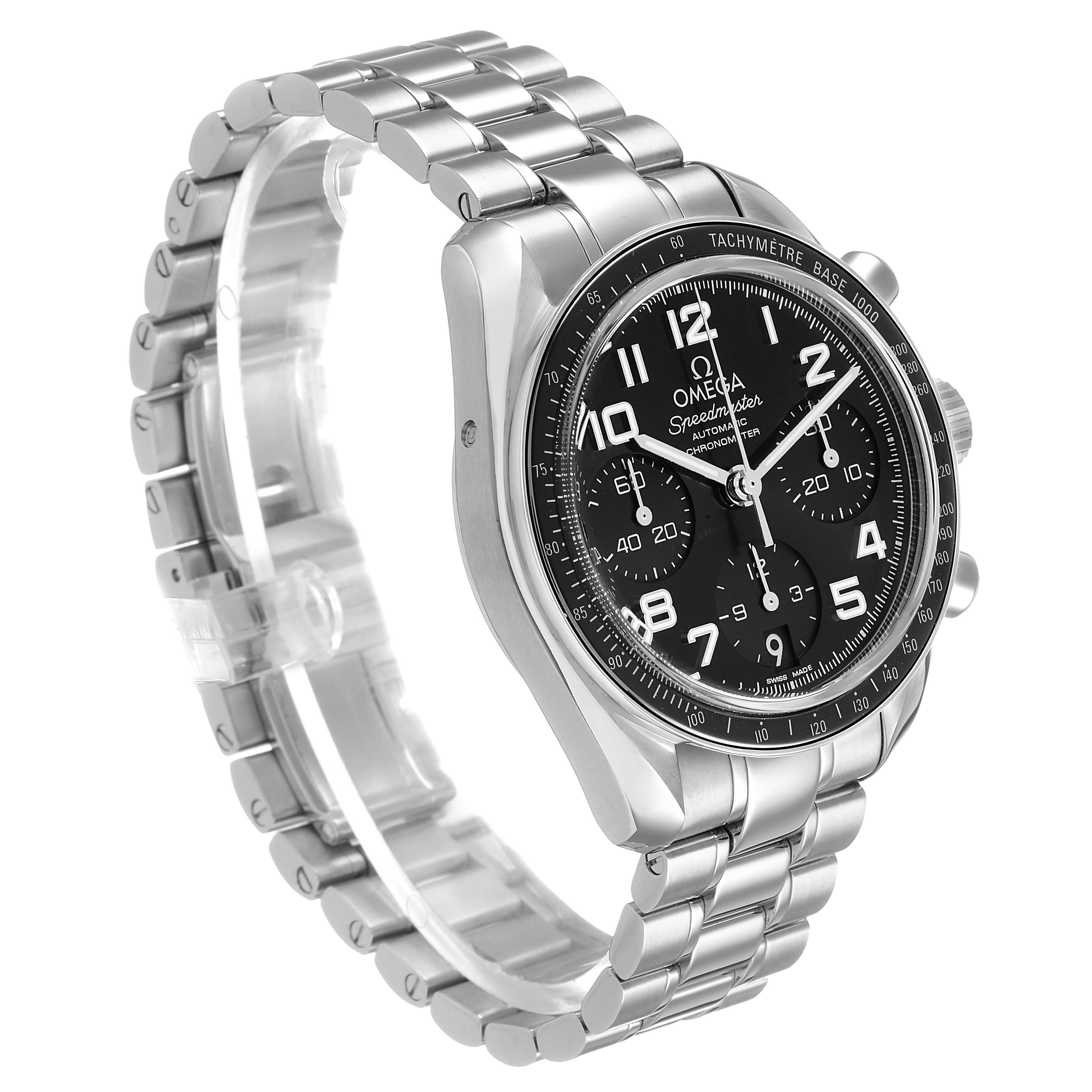 The Omega Speedmaster 324.30.38.40.06.001 Men's Stainless Steel Grey Dial watch is shown at a three-quarter angle, revealing the dial, bezel, and stainless steel bracelet.
