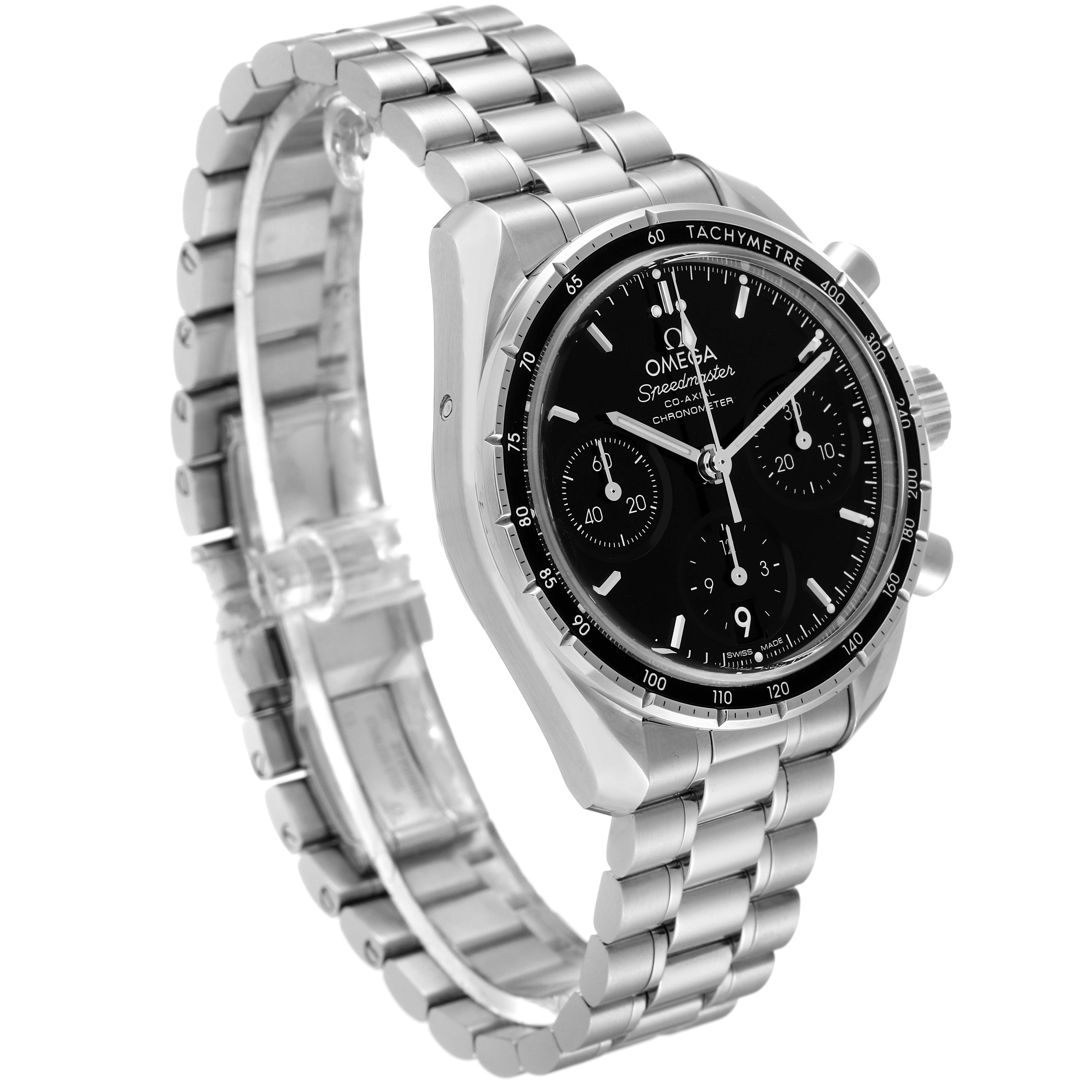 The image shows an Omega Speedmaster 324.30.38.50.01.001 Men's Stainless Steel Black Dial 324.30.38.50.01.001 Men's Stainless Steel Black Dial watch angled to display its face, bezel, and stainless steel band.