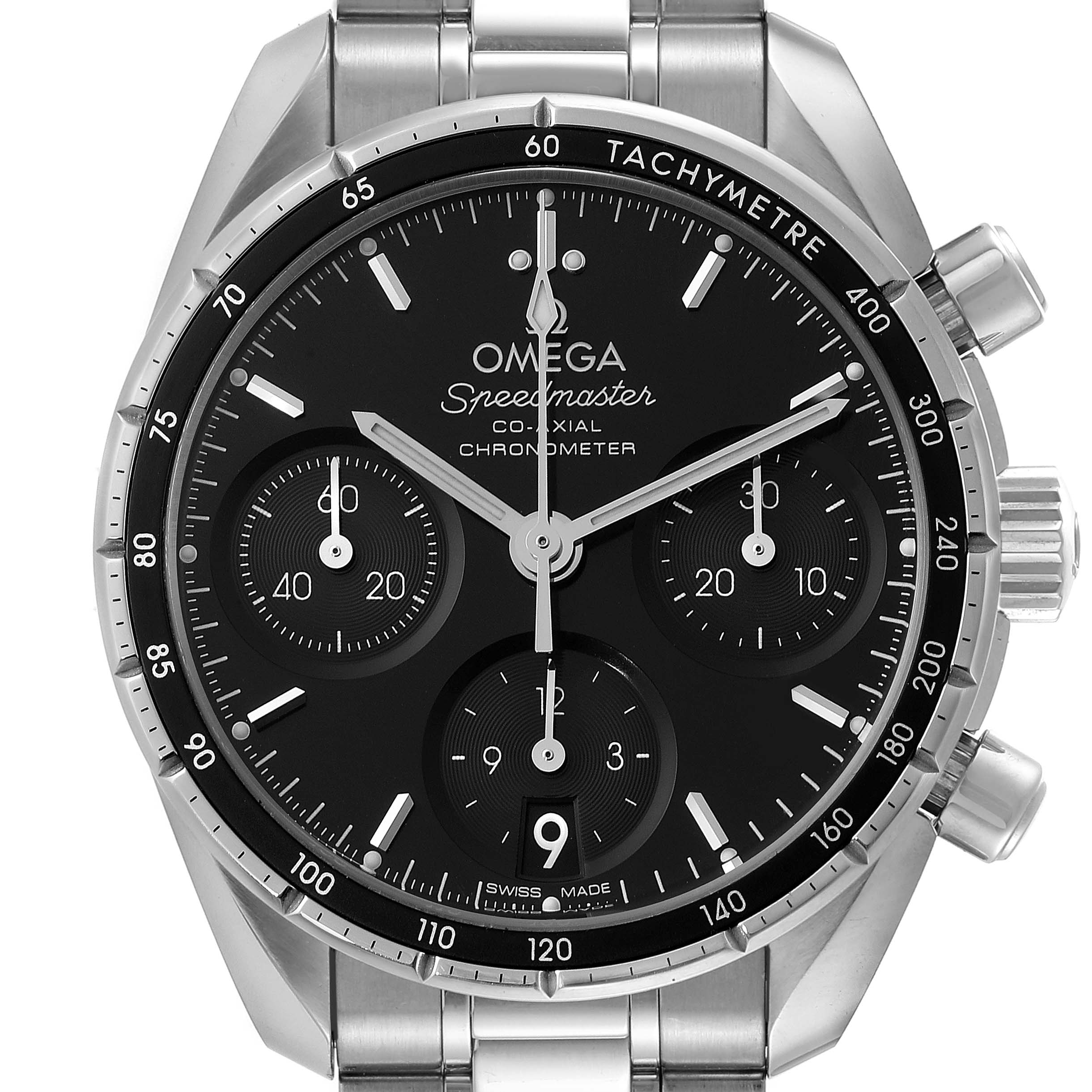 The image shows a front view of an Omega Speedmaster 324.30.38.50.01.001 Men's Stainless Steel Black Dial 324.30.38.50.01.001 Men's Stainless Steel Black Dial watch, highlighting the dial, bezel, subdials, and bracelet.