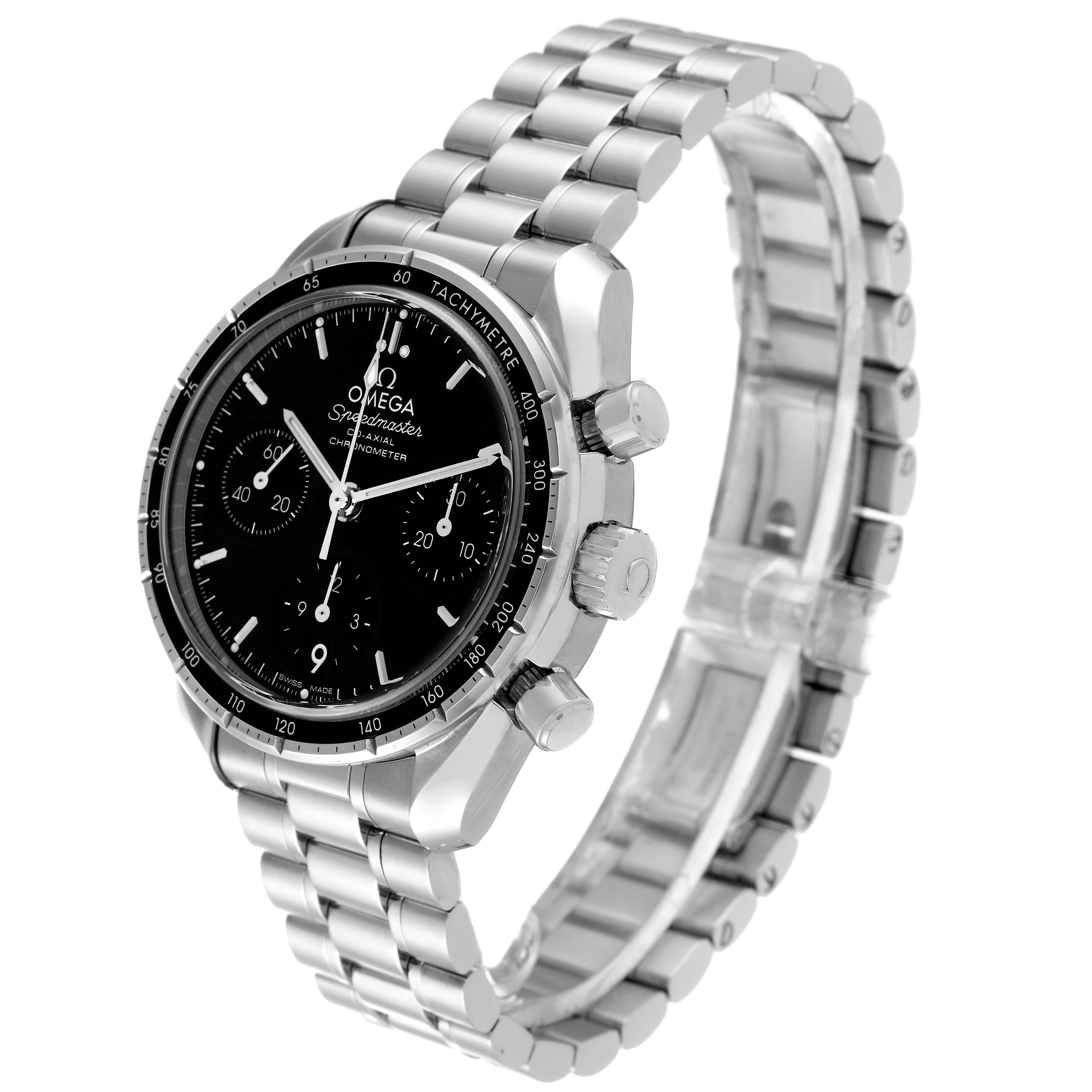 The image shows a side view of an Omega Speedmaster 324.30.38.50.01.001 Men's Stainless Steel Black Dial 324.30.38.50.01.001 Men's Stainless Steel Black Dial, featuring the watch face, bezel, case, and stainless steel bracelet.