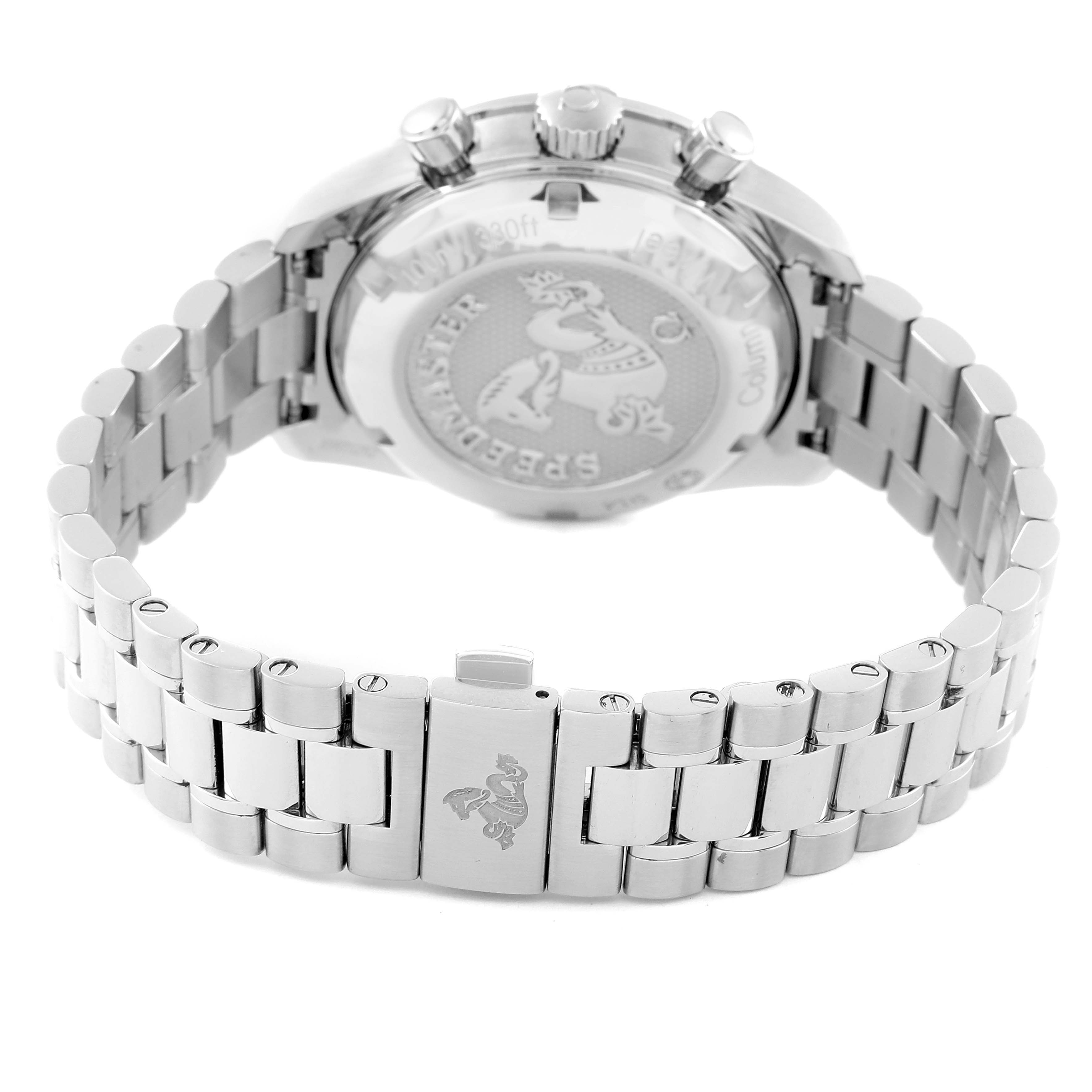 The image shows the back case and bracelet of an Omega Speedmaster 324.30.38.50.01.001 Men's Stainless Steel Black Dial 324.30.38.50.01.001 Men's Stainless Steel Black Dial watch, highlighting its clasp and case back engravings.