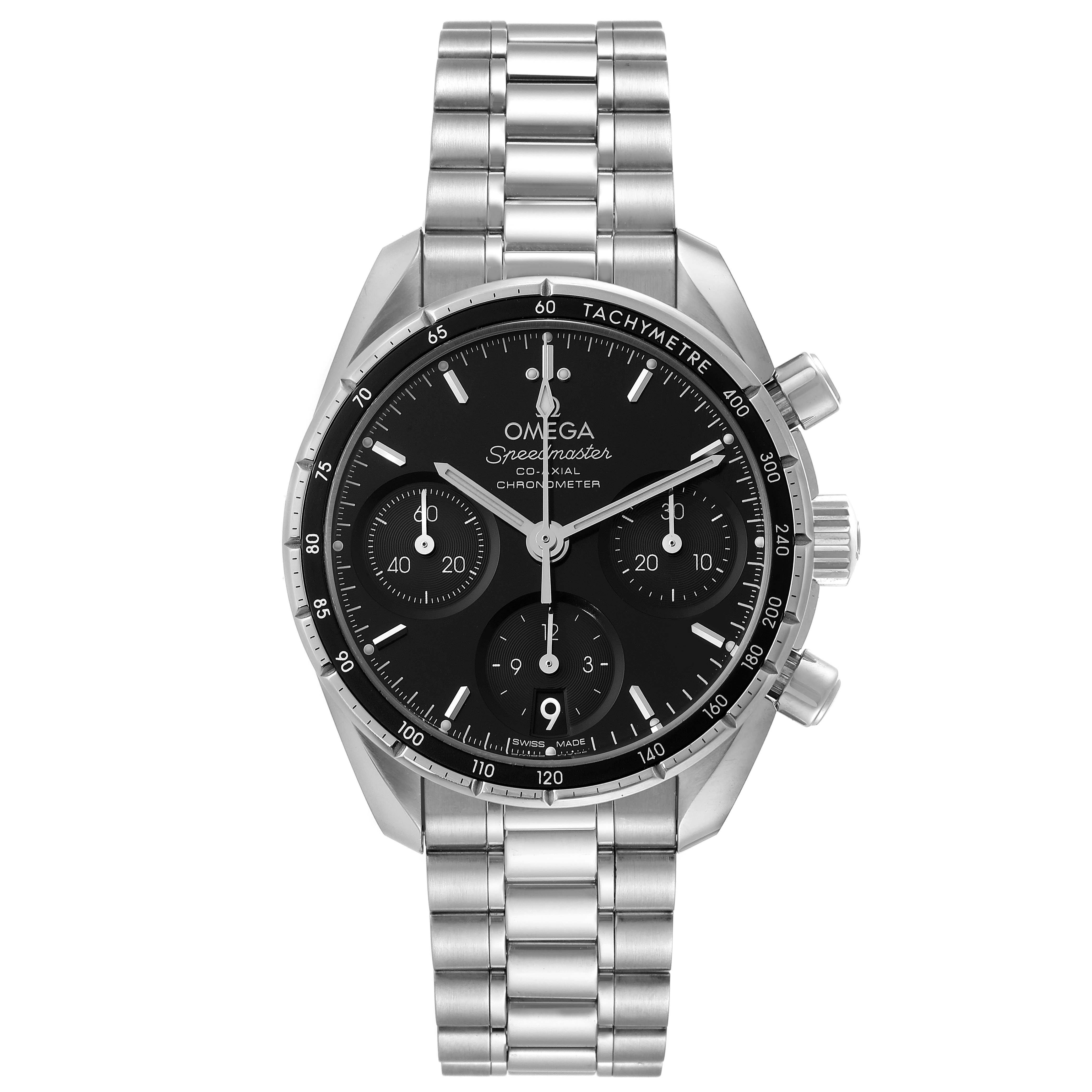 This image shows a frontal view of an Omega Speedmaster 324.30.38.50.01.001 Men's Stainless Steel Black Dial 324.30.38.50.01.001 Men's Stainless Steel Black Dial watch with a stainless steel bracelet.