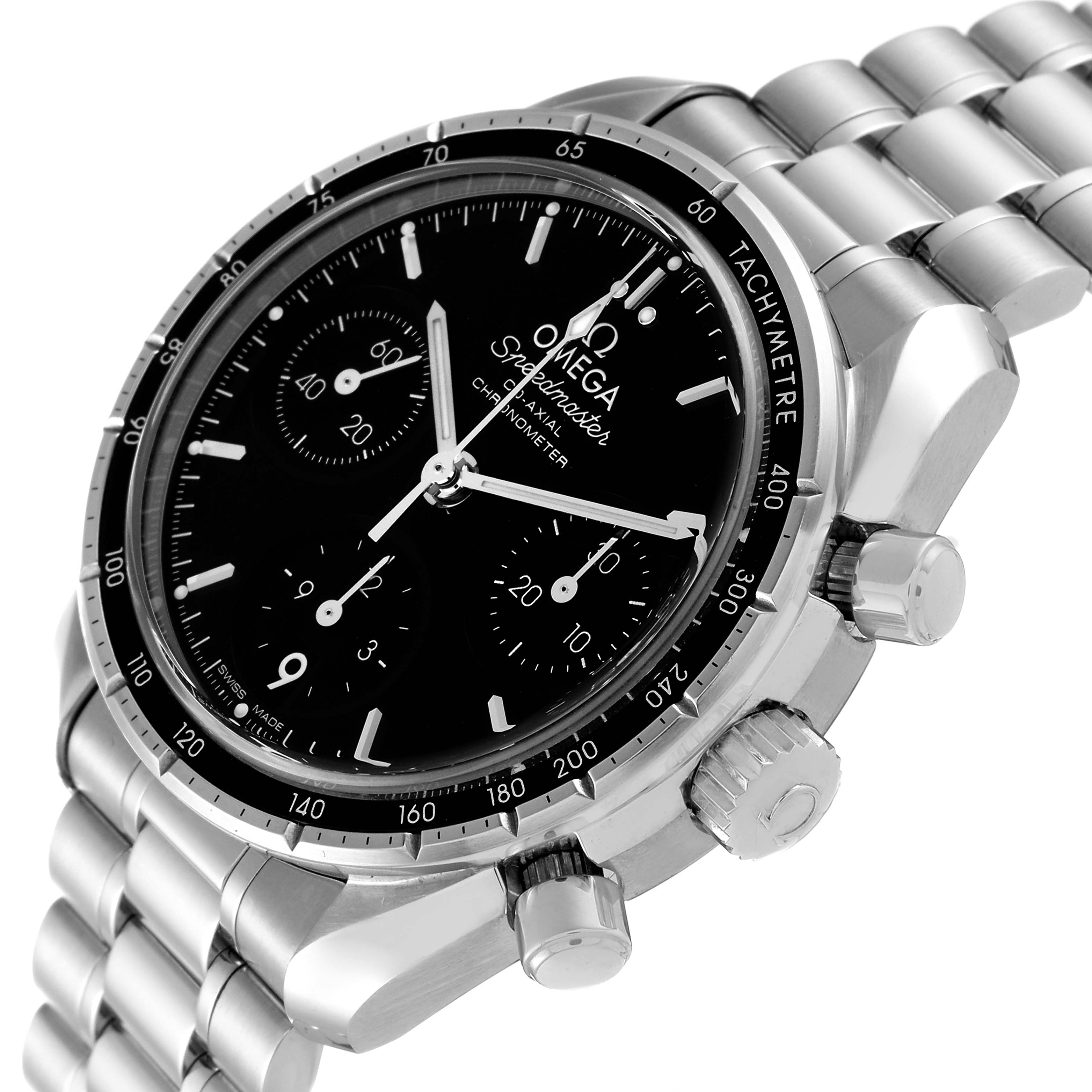 The image shows an angled view of the Omega Speedmaster 324.30.38.50.01.001 Men's Stainless Steel Black Dial 324.30.38.50.01.001 Men's Stainless Steel Black Dial watch, highlighting the dial, tachymeter bezel, crown, and pushers.