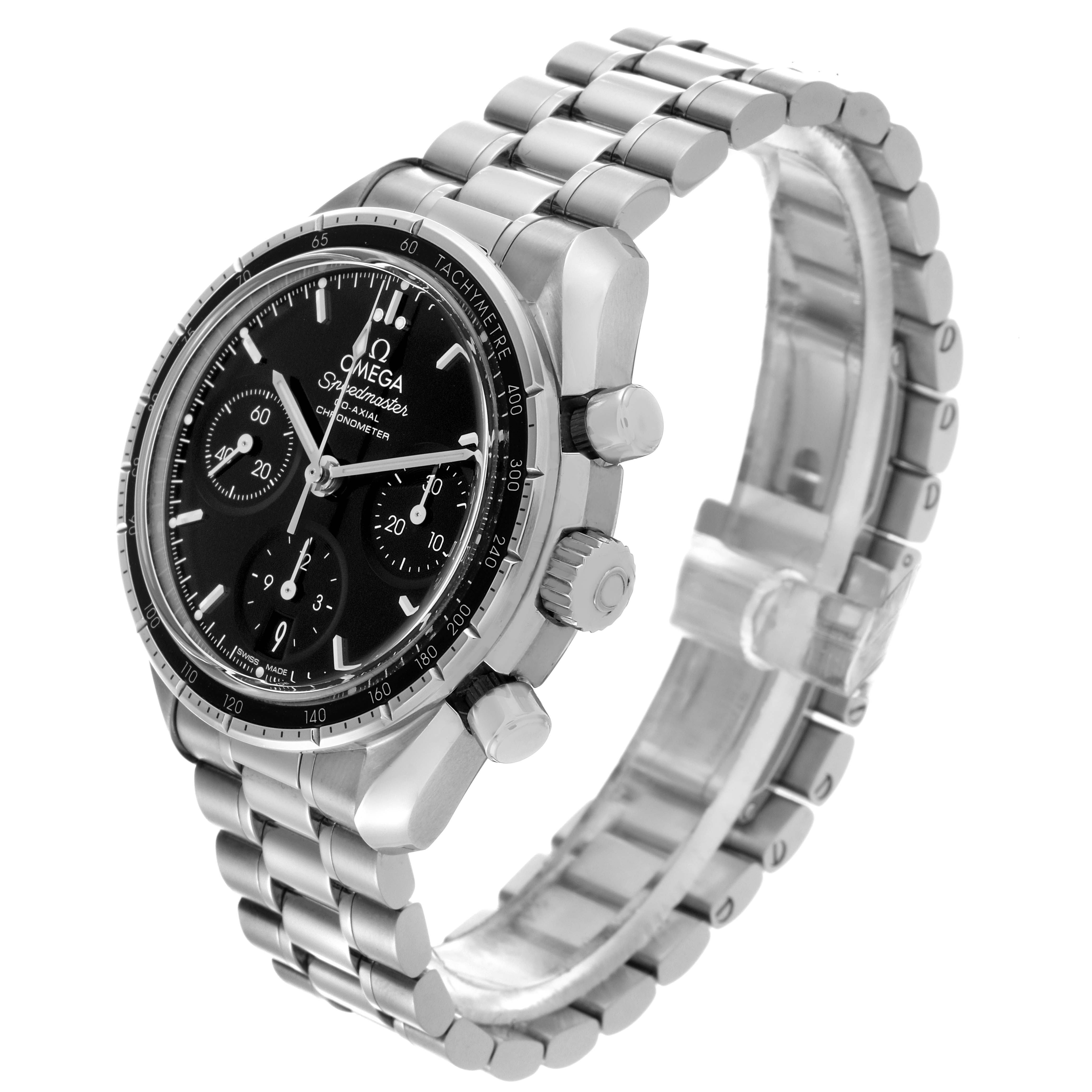 The Omega Speedmaster 324.30.38.50.01.001 Men
s Stainless Steel Black Dial 324.30.38.50.01.001 Men
s Stainless Steel Black Dial watch is shown at an angle highlighting the face, bezel, crown, pushers, and bracelet.