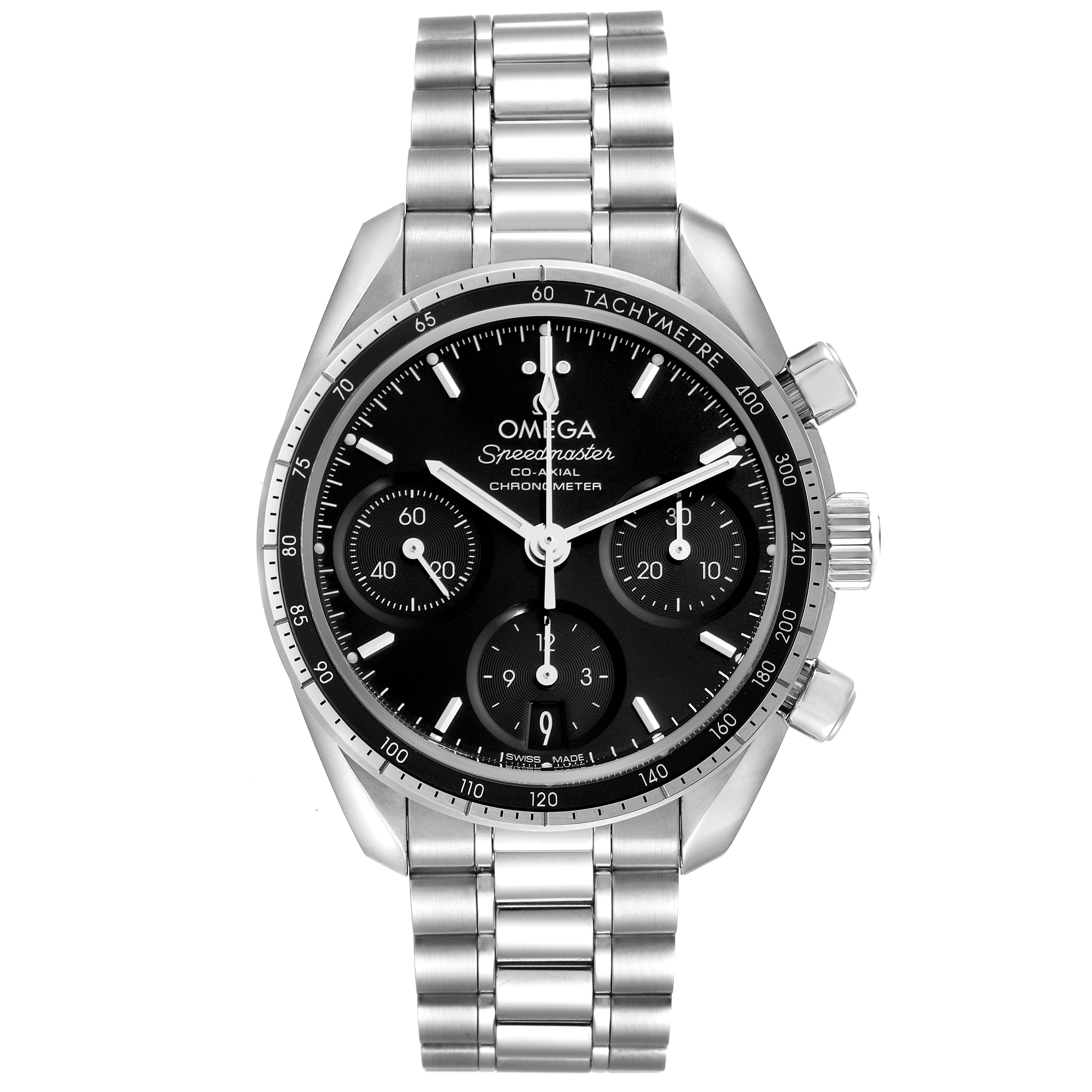 The Omega Speedmaster 324.30.38.50.01.001 Men
s Stainless Steel Black Dial 324.30.38.50.01.001 Men
s Stainless Steel Black Dial watch is shown from the front, displaying its black dial, tachymeter bezel, subdials, and metal bracelet.