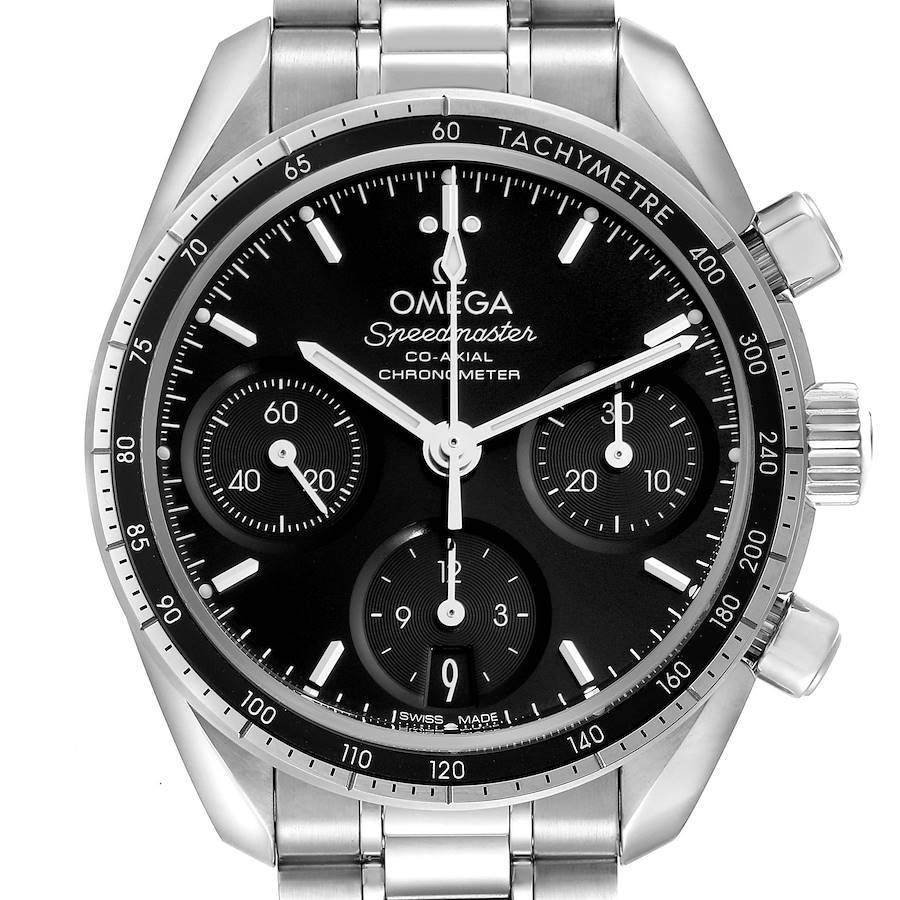 The Omega Speedmaster watch is shown from the front, displaying the dial, tachymetre bezel, and stainless steel bracelet.