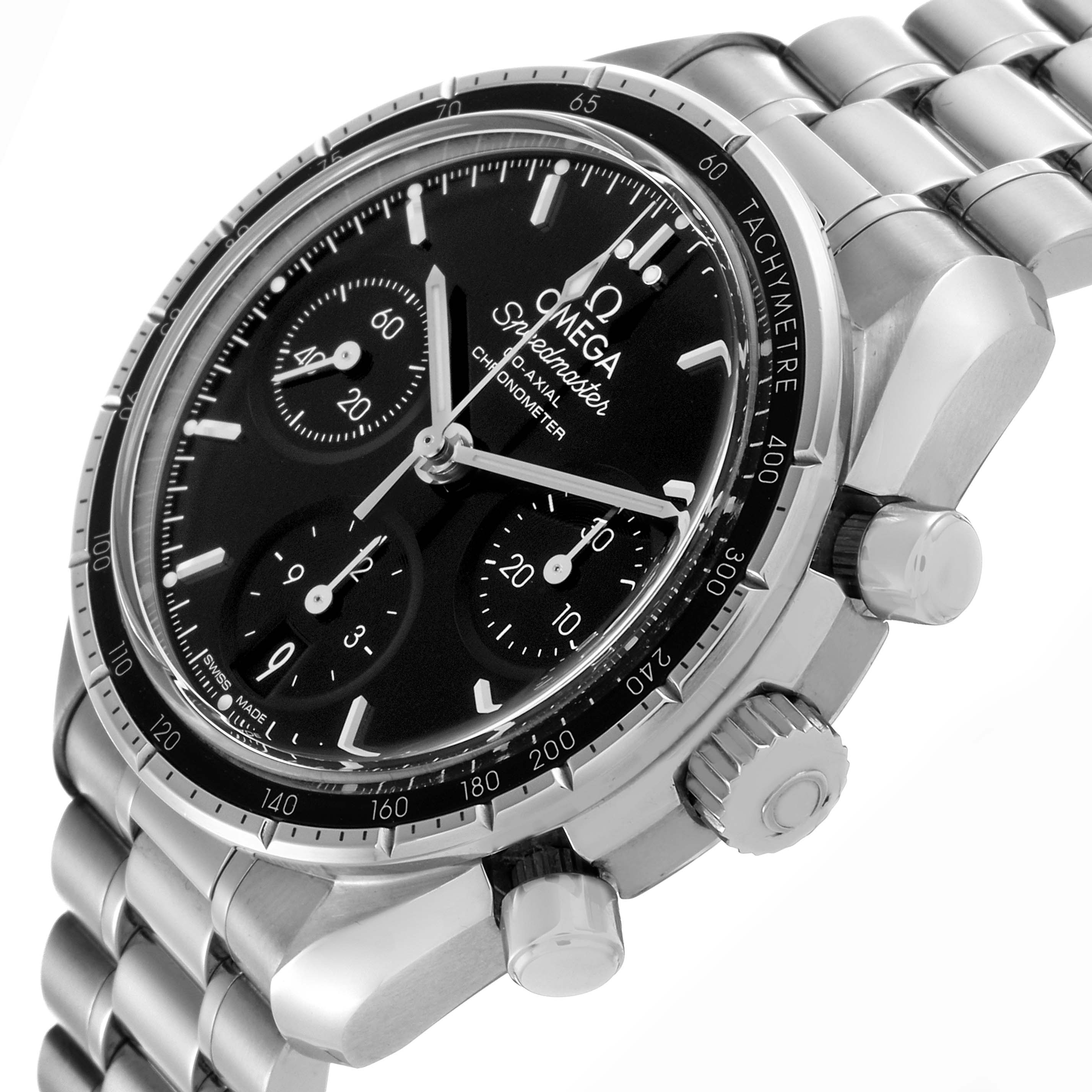 The image shows an Omega Speedmaster 324.30.38.50.01.001 Men
s Stainless Steel Black Dial 324.30.38.50.01.001 Men
s Stainless Steel Black Dial watch at a slight angle, highlighting the dial, bezel, pushers, and stainless steel bracelet.