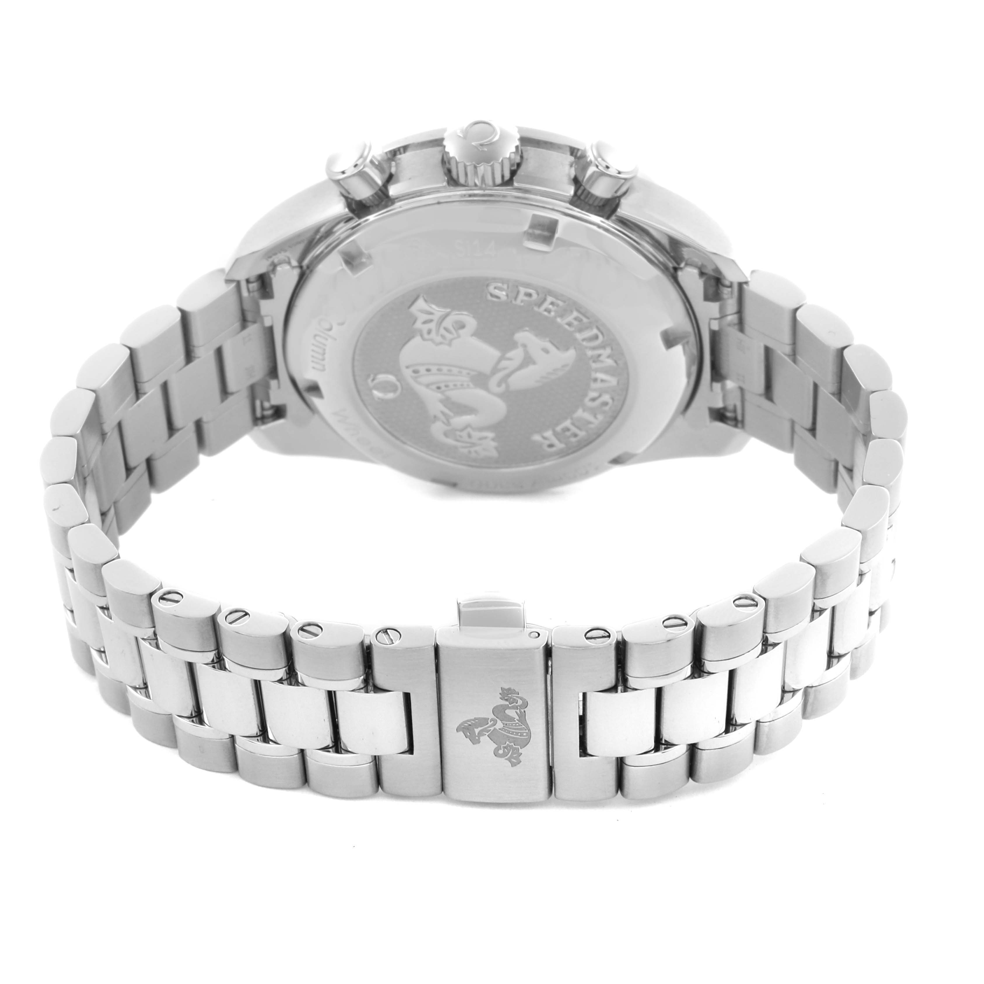 The image shows the back of an Omega Speedmaster 324.30.38.50.01.001 Men
s Stainless Steel Black Dial 324.30.38.50.01.001 Men
s Stainless Steel Black Dial watch, highlighting the case back and metal bracelet.