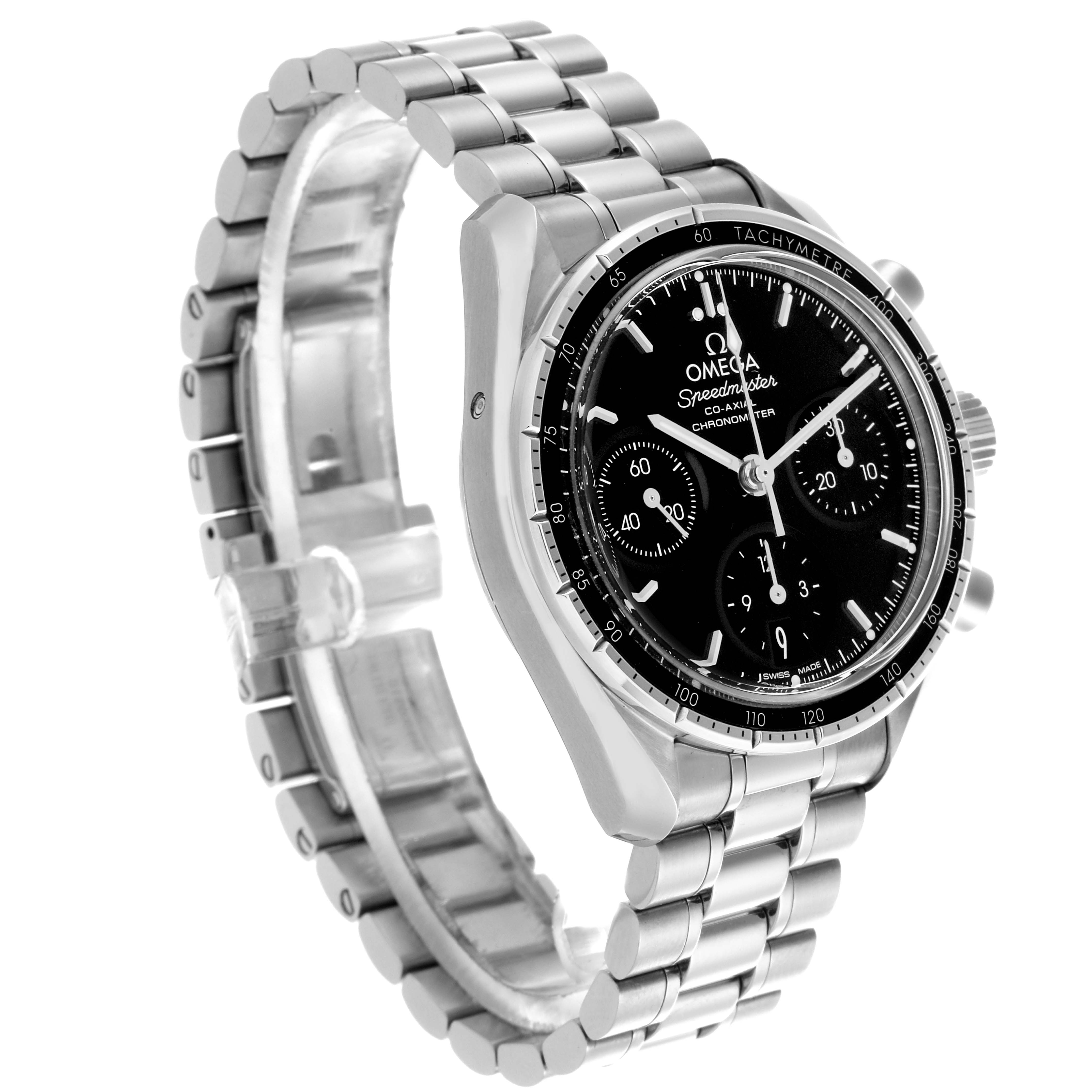 The Omega Speedmaster 324.30.38.50.01.001 Men
s Stainless Steel Black Dial 324.30.38.50.01.001 Men
s Stainless Steel Black Dial watch is shown at a three-quarter angle, displaying the face, bezel, case, and bracelet.