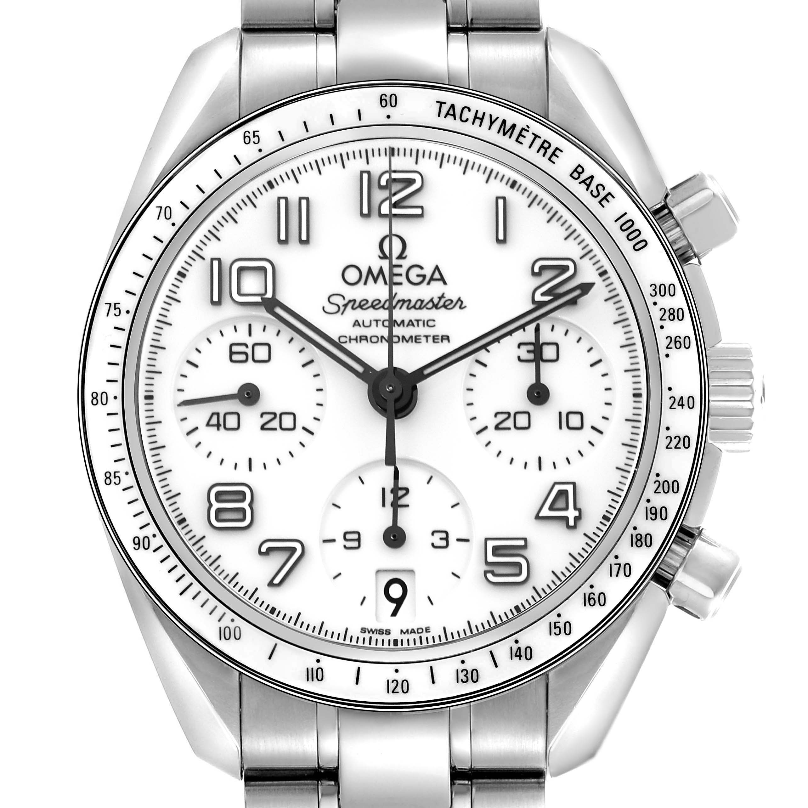 The Omega Speedmaster 324.30.38.40.04.001 Men
s Stainless Steel White Dial 324.30.38.40.04.001 Men
s Stainless Steel White Dial watch is shown from a front angle, displaying the dial, crown, pushers, and part of the bracelet.