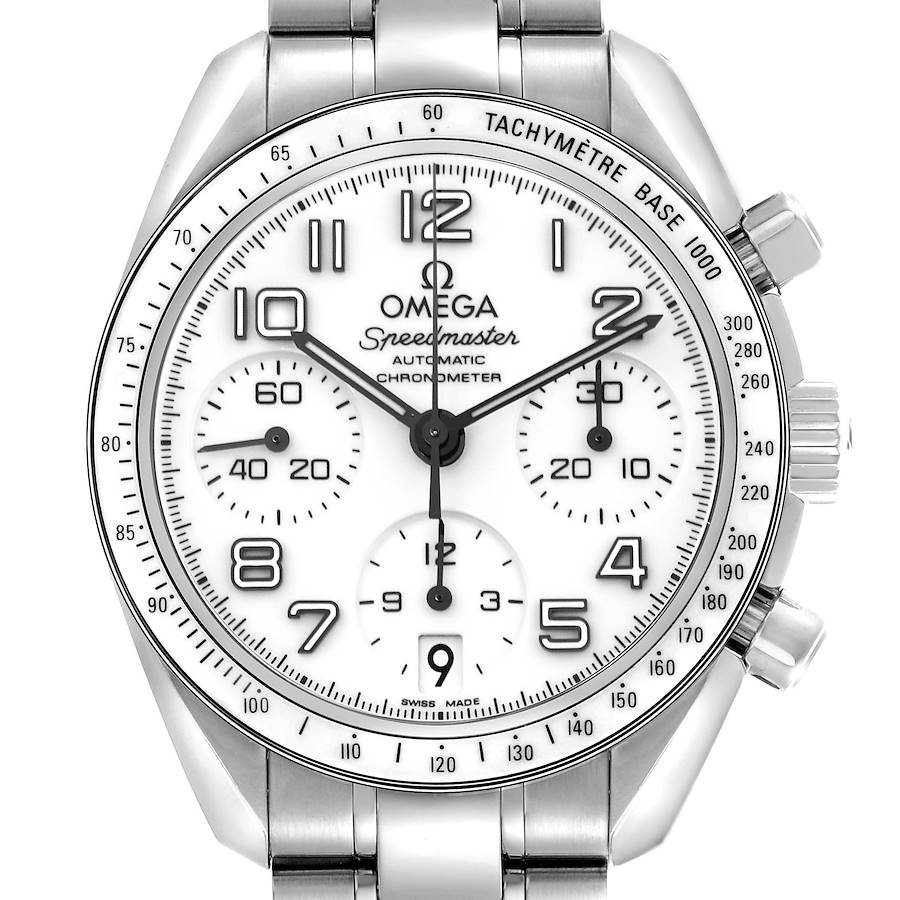 The Omega Speedmaster watch is shown from a front angle, displaying the dial, crown, pushers, and part of the bracelet.