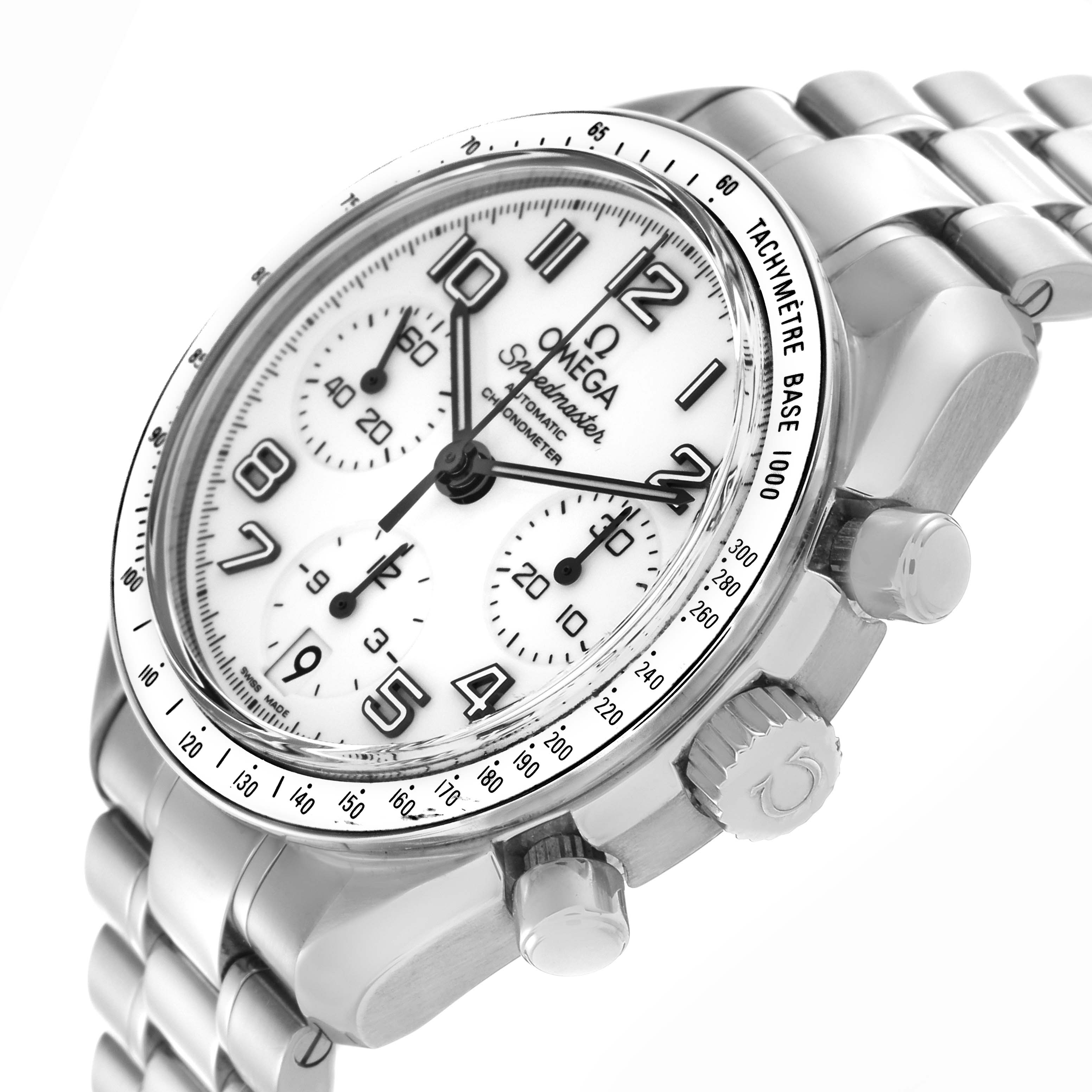 The Omega Speedmaster 324.30.38.40.04.001 Men
s Stainless Steel White Dial 324.30.38.40.04.001 Men
s Stainless Steel White Dial watch is shown from a front-side angle, highlighting the dial, bezel, crown, pushers, and bracelet.