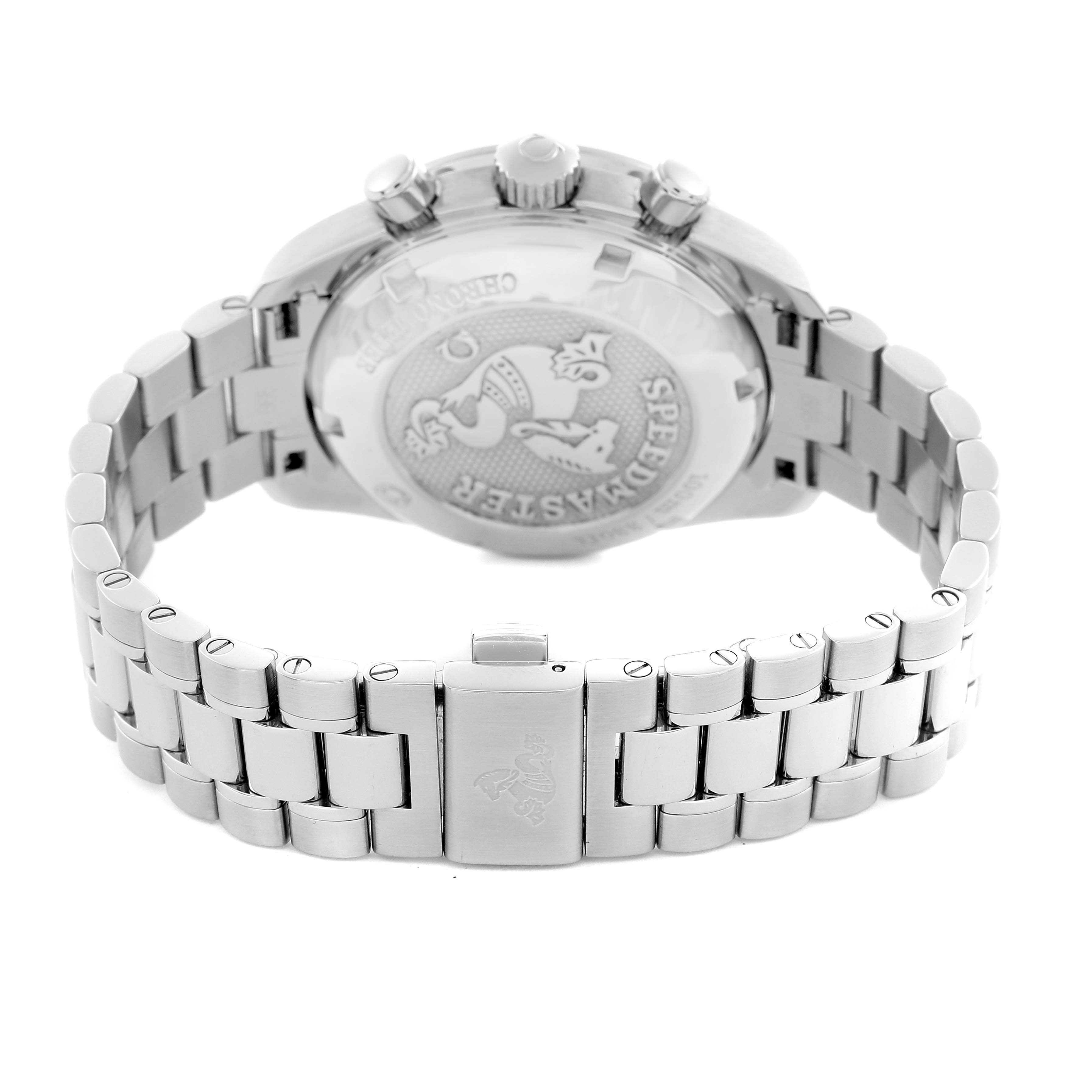 The image shows the back of an Omega Speedmaster 324.30.38.40.04.001 Men
s Stainless Steel White Dial 324.30.38.40.04.001 Men
s Stainless Steel White Dial watch, highlighting the clasp and bracelet.