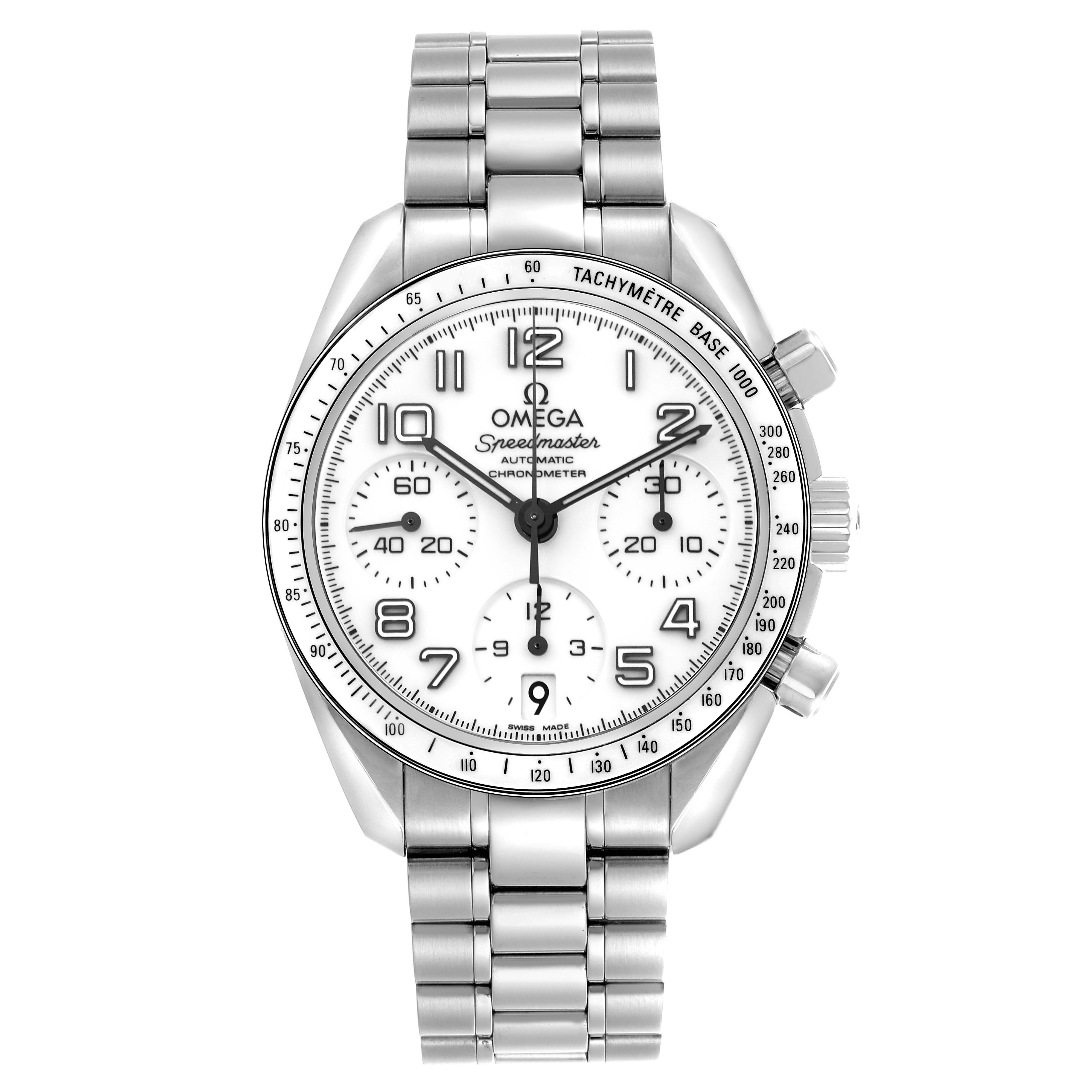 The Omega Speedmaster 324.30.38.40.04.001 Men
s Stainless Steel White Dial 324.30.38.40.04.001 Men
s Stainless Steel White Dial watch is shown from the front, displaying the face, bezel, and metal bracelet.