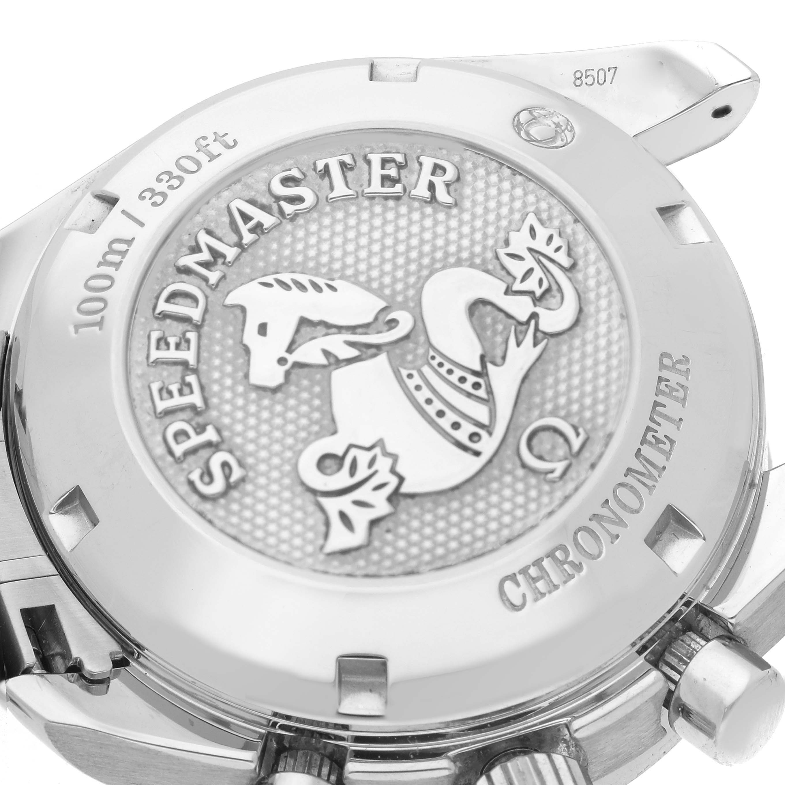 The image shows the back case of an Omega Speedmaster 324.30.38.40.04.001 Men
s Stainless Steel White Dial 324.30.38.40.04.001 Men
s Stainless Steel White Dial watch, highlighting the embossed logo and water resistance details.