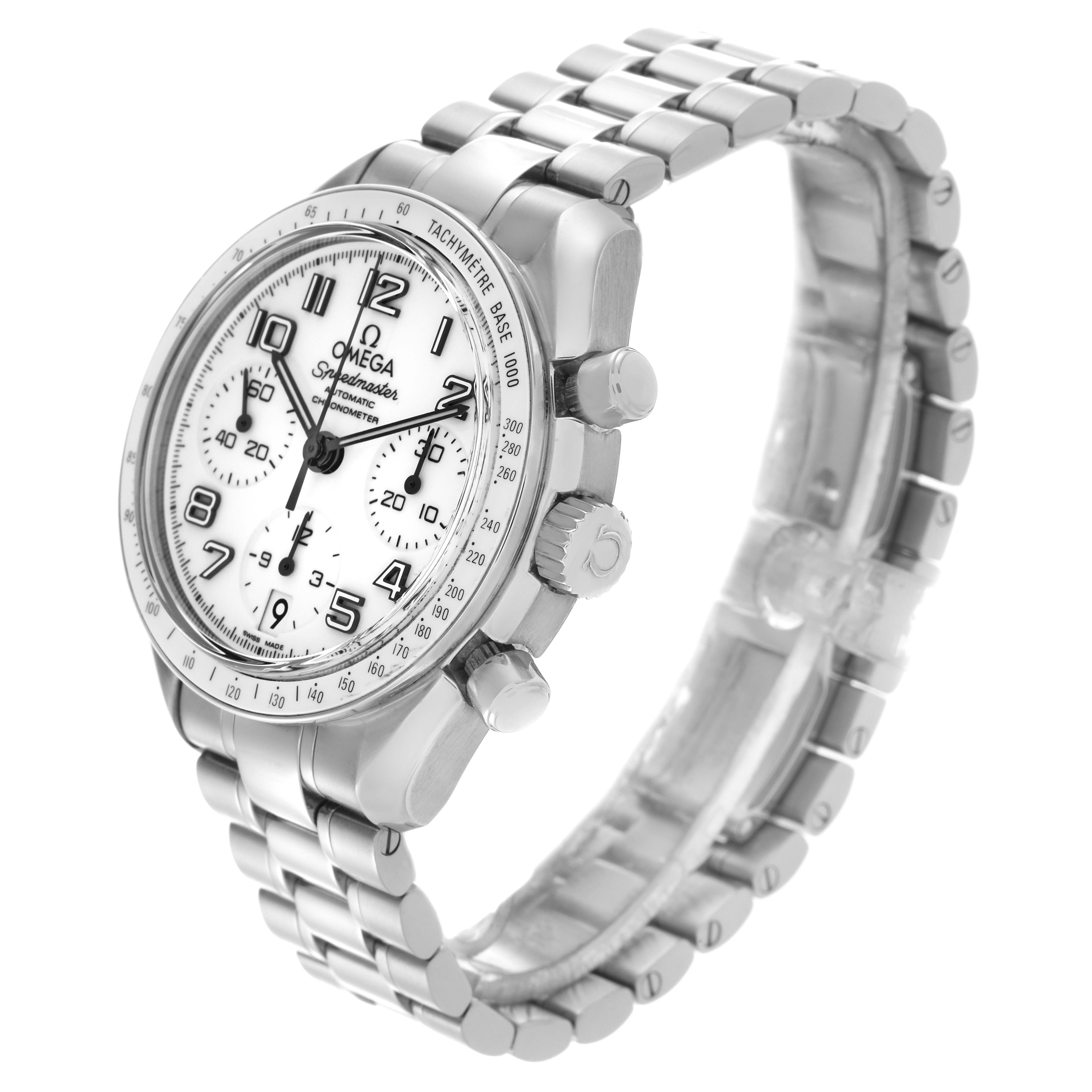 The Omega Speedmaster 324.30.38.40.04.001 Men
s Stainless Steel White Dial 324.30.38.40.04.001 Men
s Stainless Steel White Dial watch is shown at a three-quarter angle, displaying the face, bezel, crown, pushers, and bracelet.