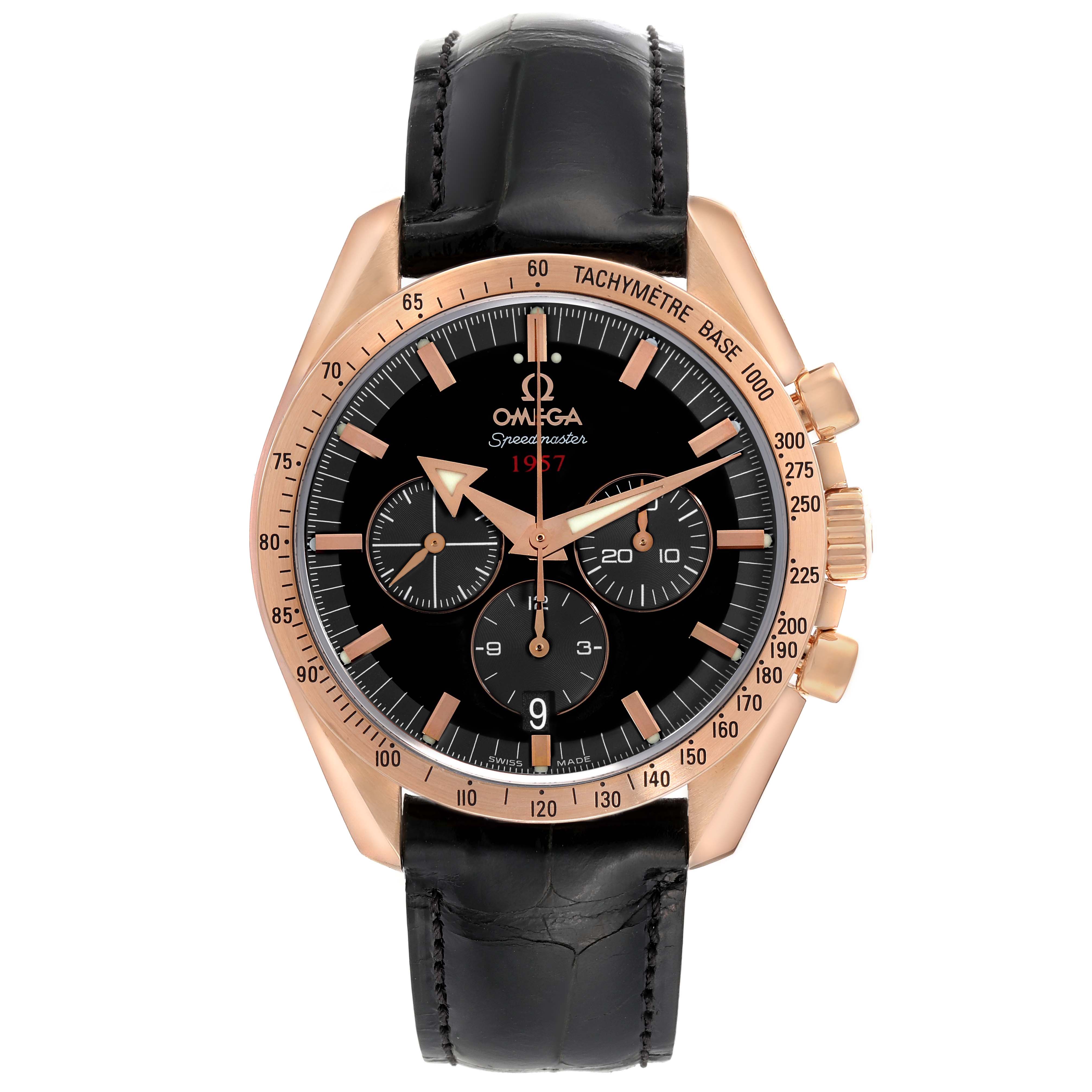 The Omega Speedmaster 321.53.42.50.01.001 Men
s Rose Gold Black Dial 321.53.42.50.01.001 Men
s Rose Gold Black Dial watch is shown from a front angle, displaying the dial, bezel, and leather strap.