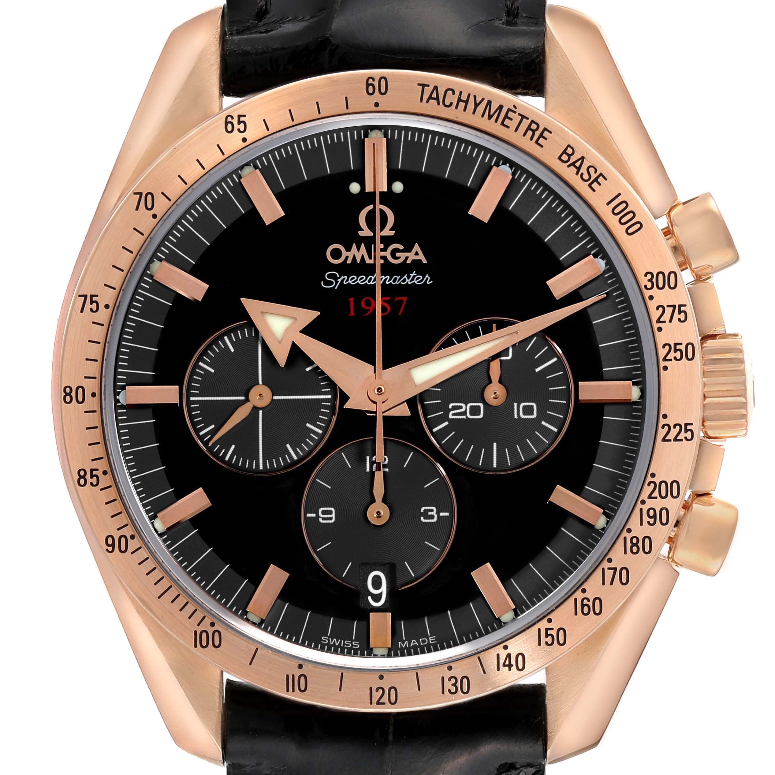 The Omega Speedmaster 321.53.42.50.01.001 Men
s Rose Gold Black Dial 321.53.42.50.01.001 Men
s Rose Gold Black Dial is shown from a front angle, highlighting the black dial, rose gold case, and tachymeter bezel.