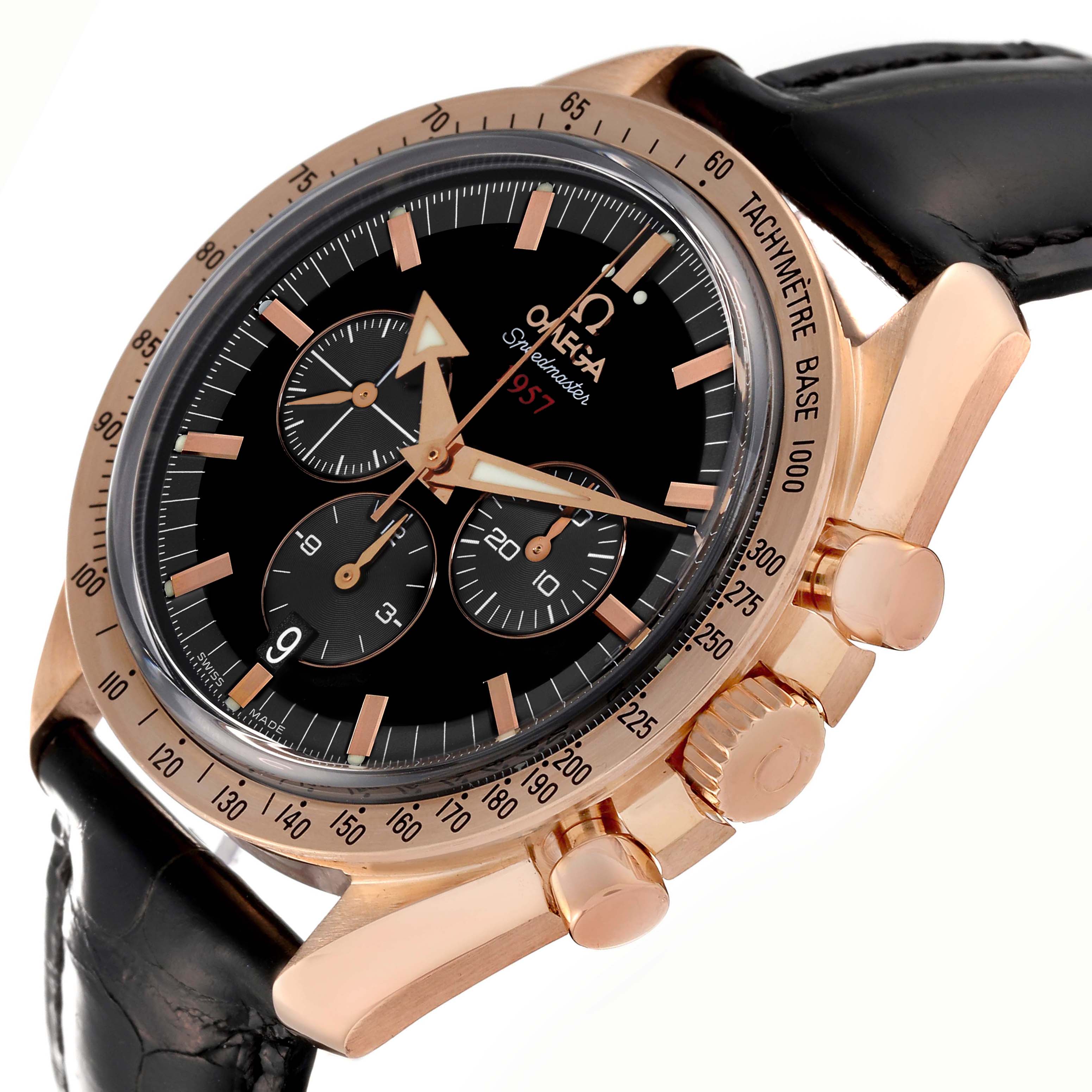 The Omega Speedmaster 321.53.42.50.01.001 Men
s Rose Gold Black Dial 321.53.42.50.01.001 Men
s Rose Gold Black Dial watch is shown at an angle highlighting the gold case, black dial, subdials, crown, pushers, and leather strap.