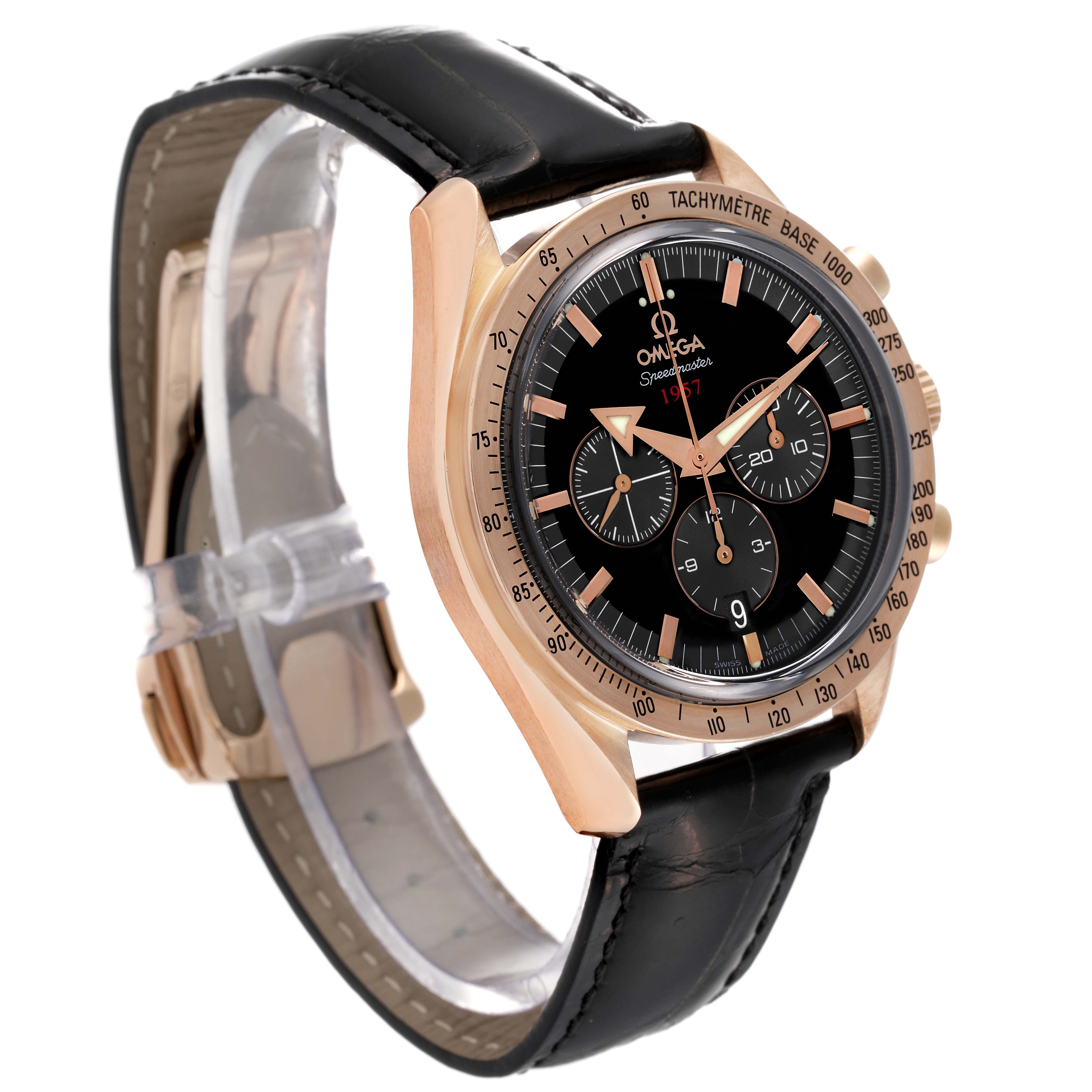 The Omega Speedmaster 321.53.42.50.01.001 Men
s Rose Gold Black Dial 321.53.42.50.01.001 Men
s Rose Gold Black Dial watch is shown at a 3/4 angle, highlighting the face, bezel, case, and leather strap.