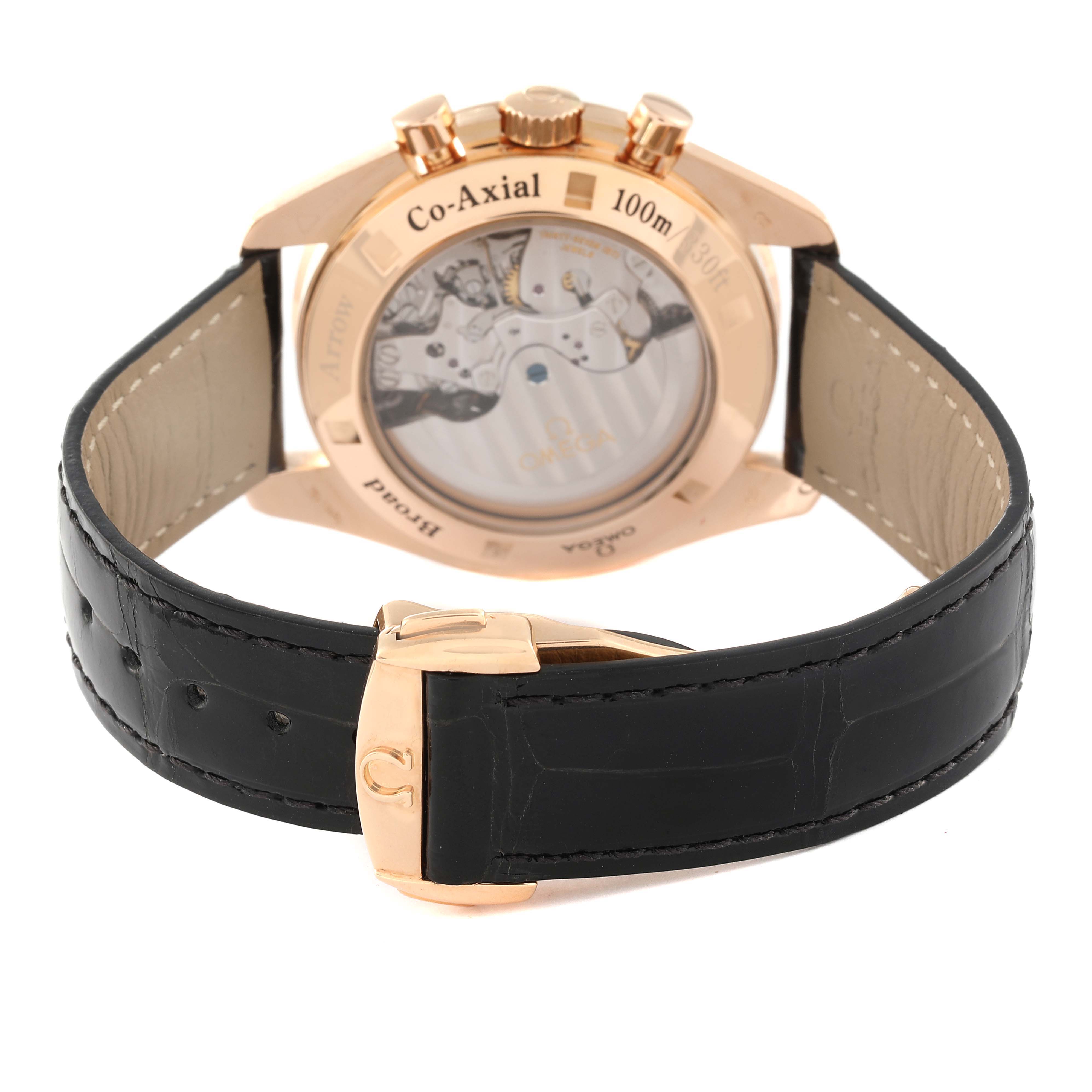 The image shows the rear view of an Omega Speedmaster 321.53.42.50.01.001 Men
s Rose Gold Black Dial 321.53.42.50.01.001 Men
s Rose Gold Black Dial watch, including the transparent case back and black leather strap.