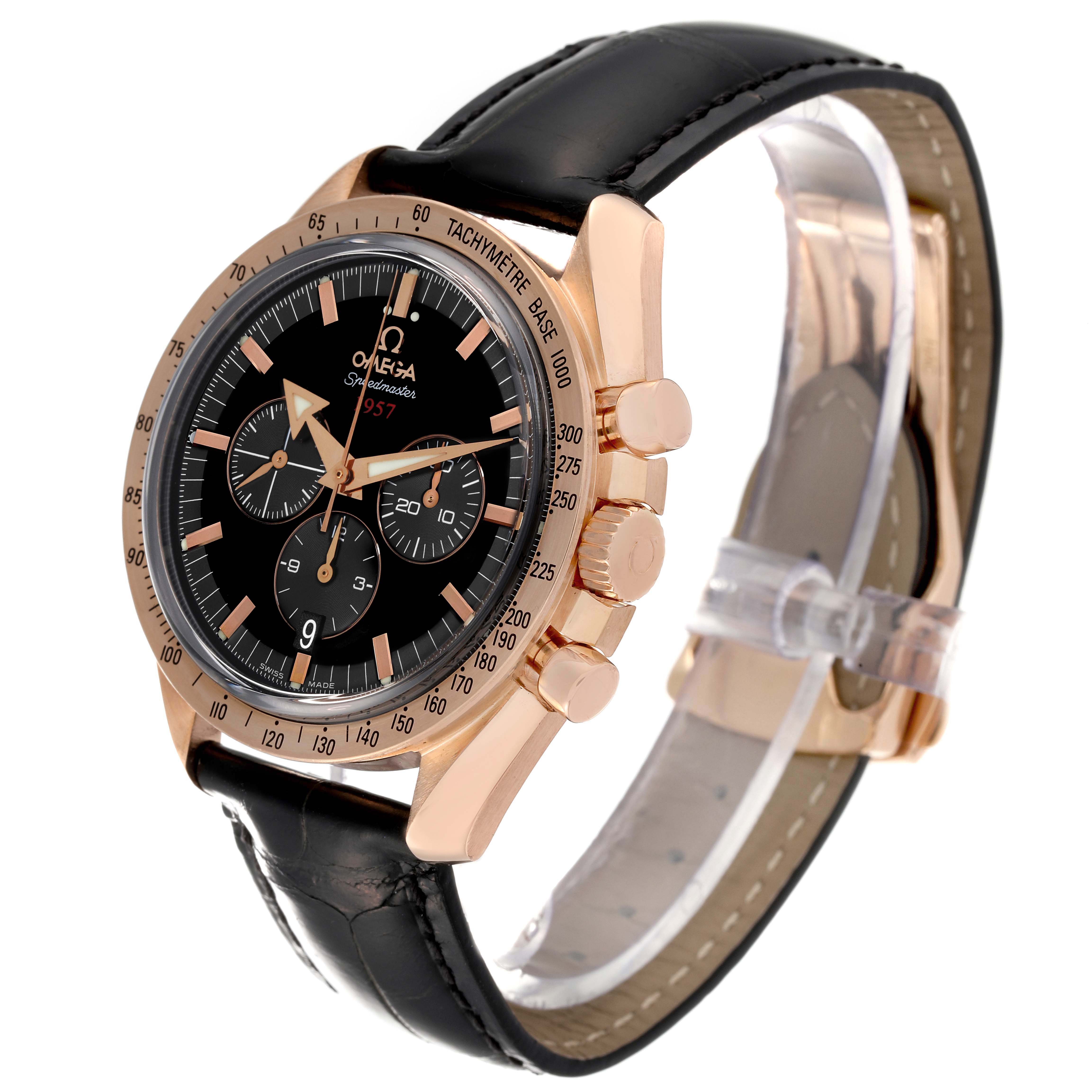 The Omega Speedmaster 321.53.42.50.01.001 Men
s Rose Gold Black Dial 321.53.42.50.01.001 Men
s Rose Gold Black Dial watch is shown at a three-quarter angle revealing the face, crown, and strap.