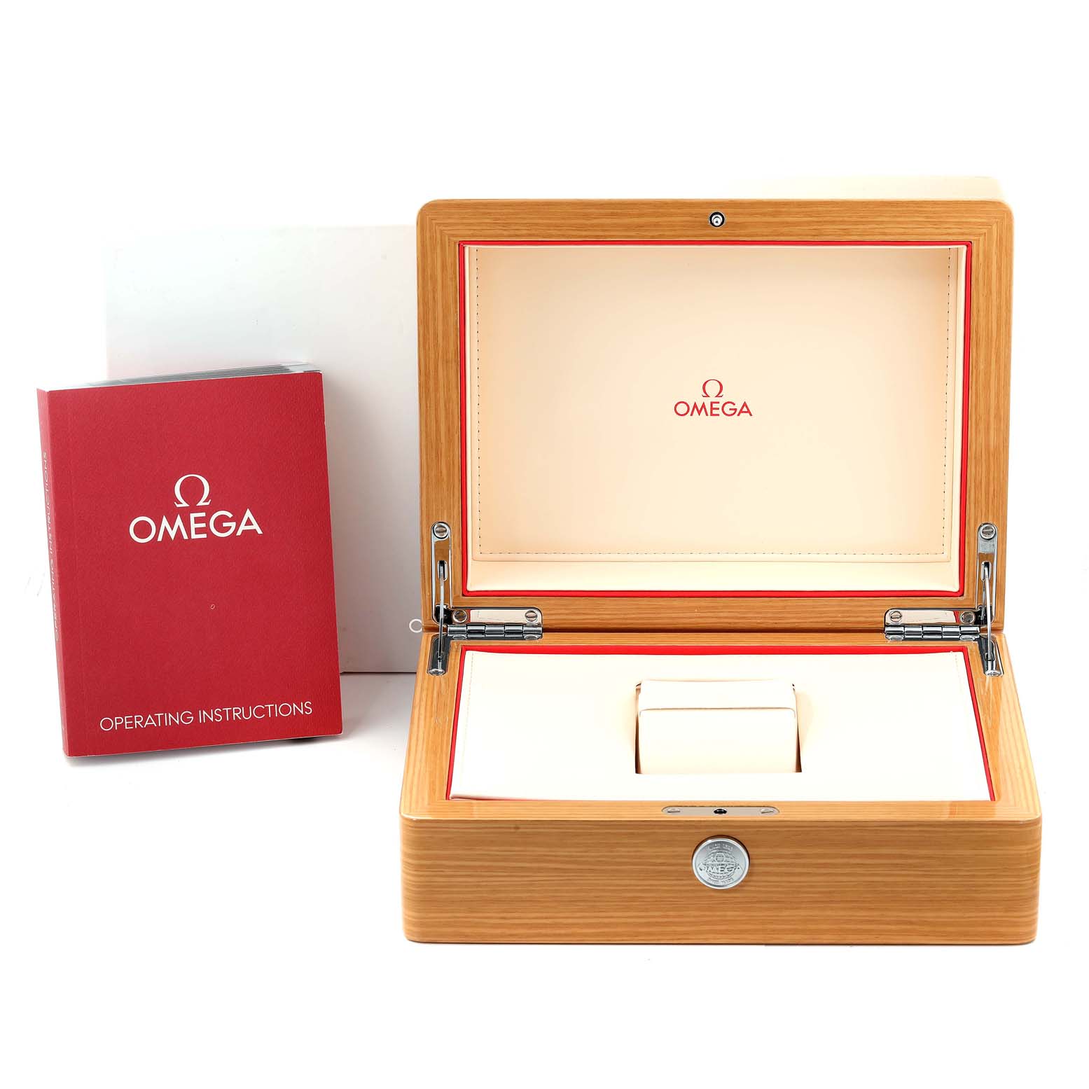 The image shows an open Omega Speedmaster 321.53.42.50.01.001 Men
s Rose Gold Black Dial 321.53.42.50.01.001 Men
s Rose Gold Black Dial watch box and red operating instructions book from a front angle.