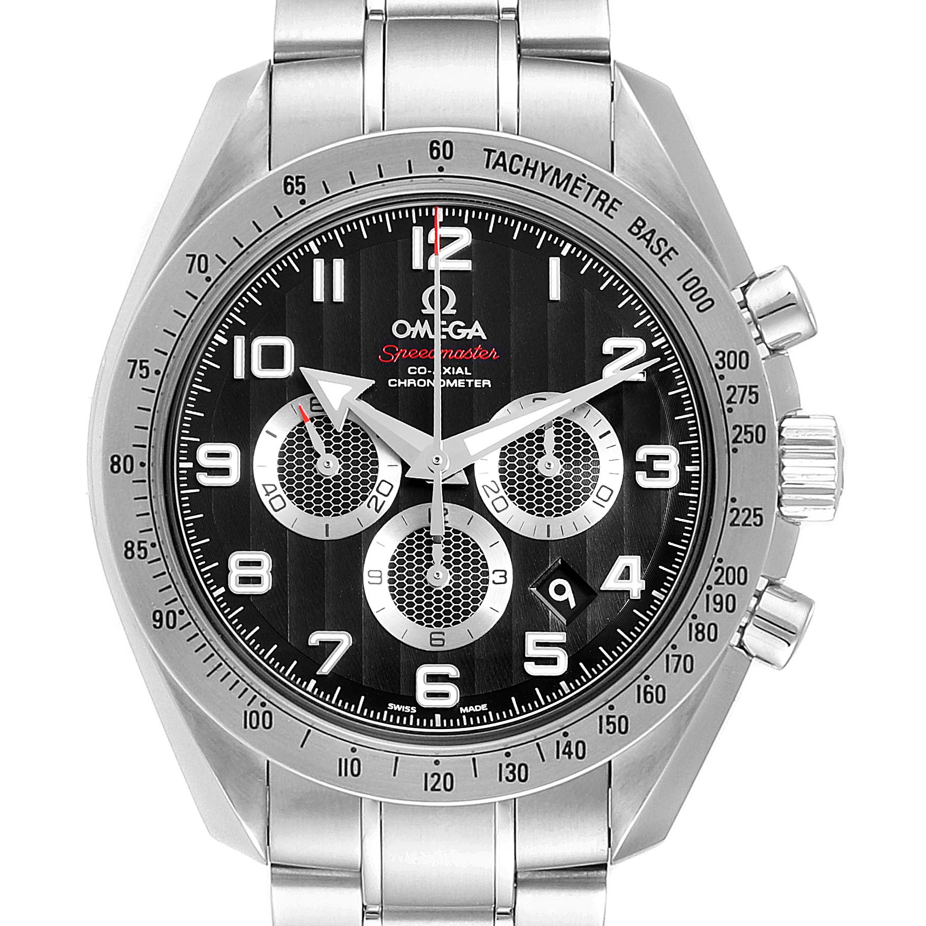 This image shows a front view of the Omega Speedmaster 321.10.44.50.01.001 Men's Stainless Steel Black Dial 321.10.44.50.01.001 Men's Stainless Steel Black Dial watch, displaying the dial, subdials, tachymeter, and metal bracelet.