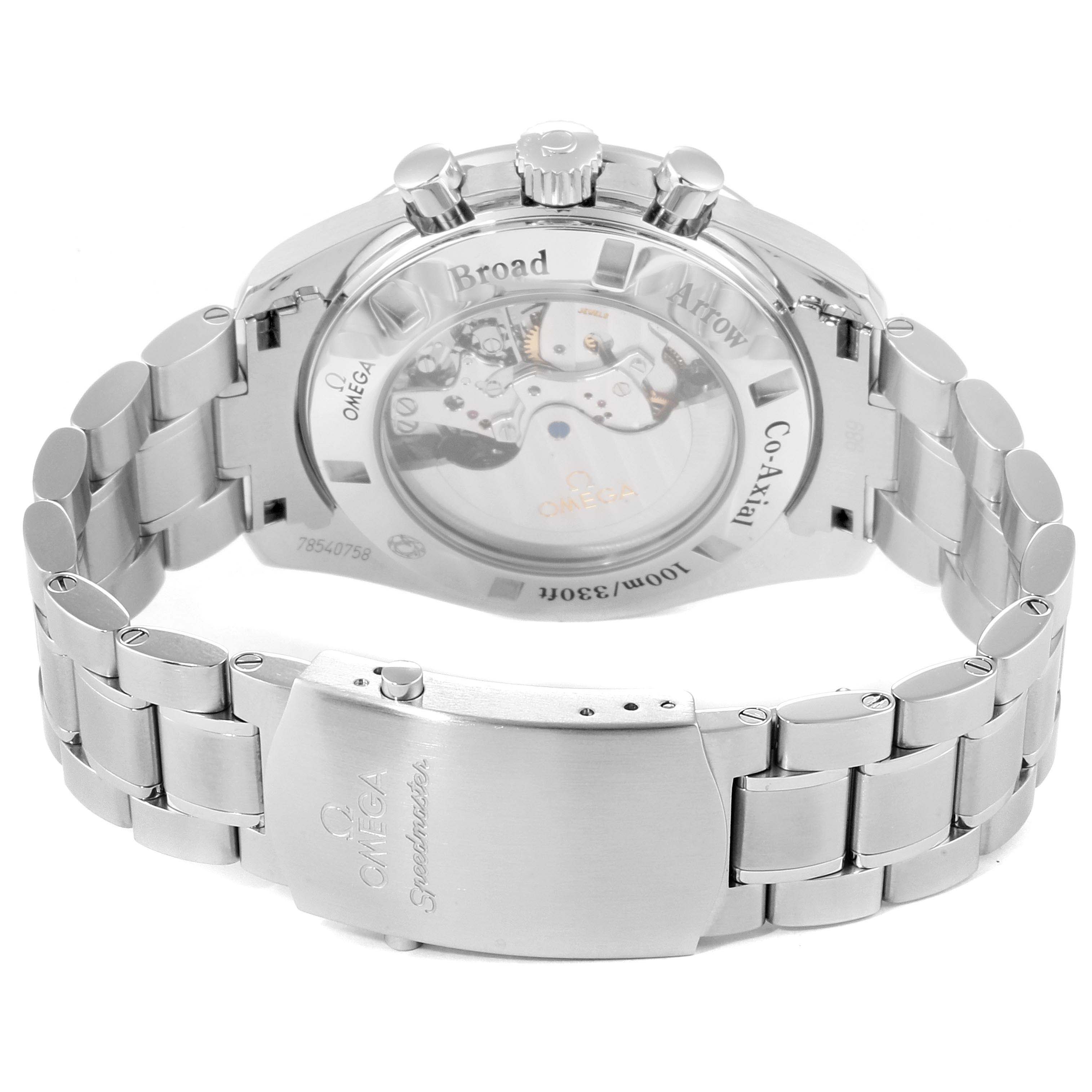 The image shows the back and clasp of an Omega Speedmaster 321.10.44.50.01.001 Men's Stainless Steel Black Dial 321.10.44.50.01.001 Men's Stainless Steel Black Dial watch, highlighting the transparent case back and metal bracelet.