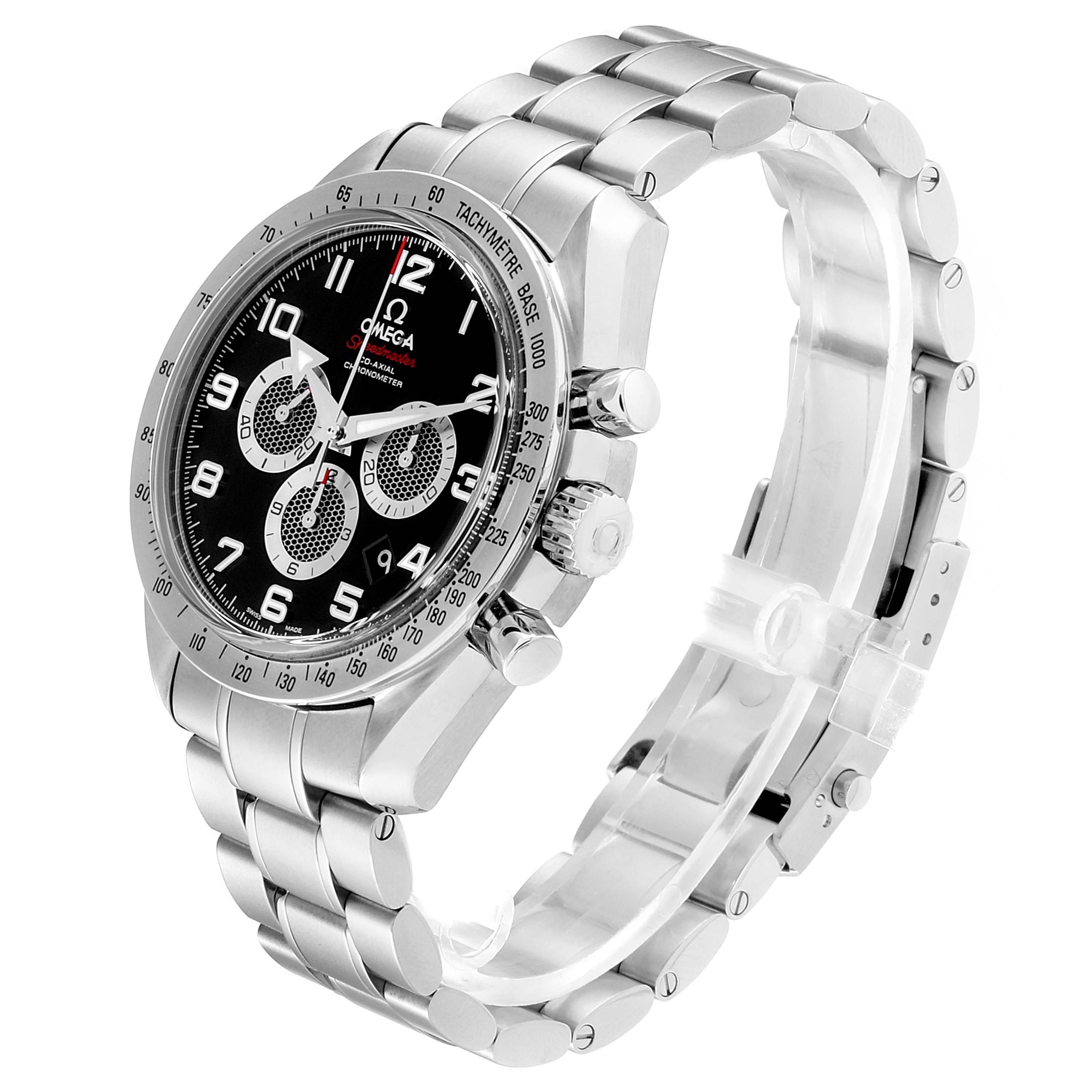 The Omega Speedmaster 321.10.44.50.01.001 Men's Stainless Steel Black Dial 321.10.44.50.01.001 Men's Stainless Steel Black Dial watch is shown at a 3/4 angle, displaying the face, bezel, crown, pushers, and stainless steel bracelet.