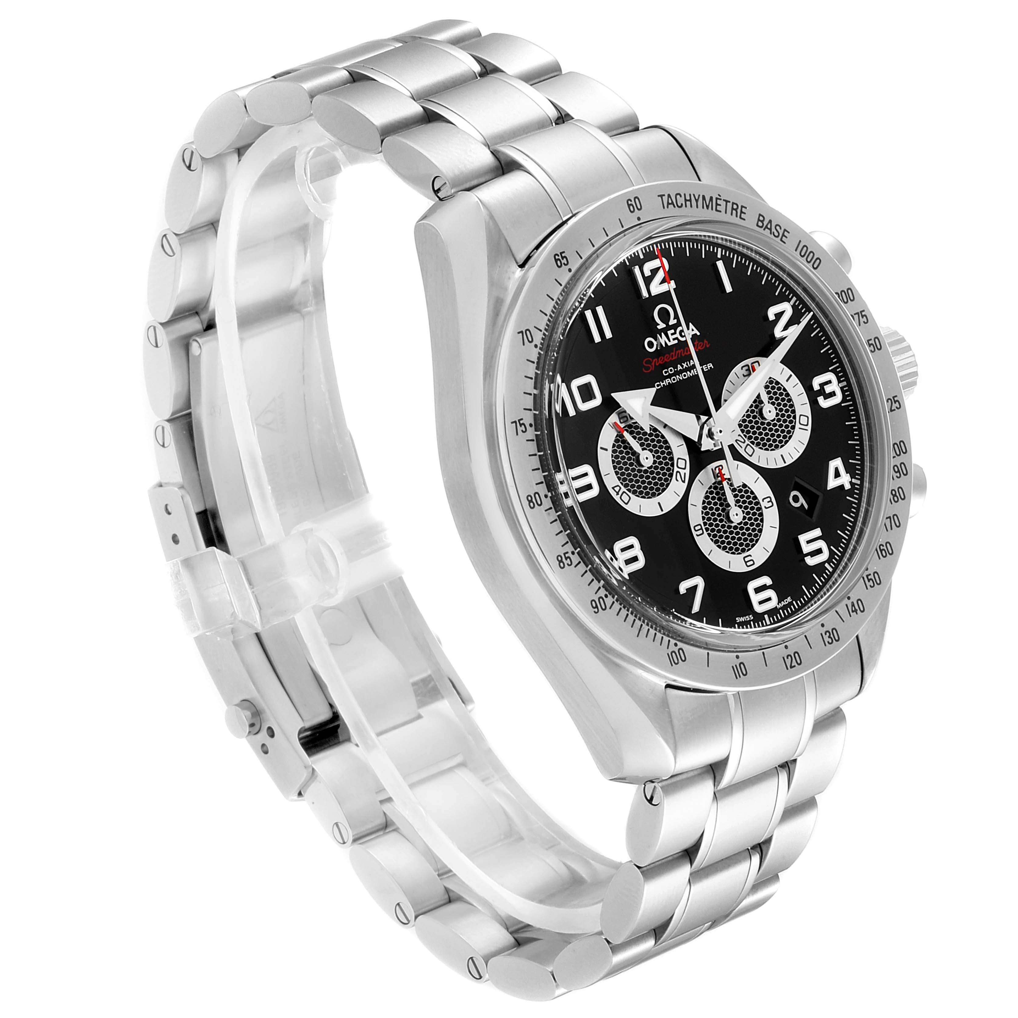 The Omega Speedmaster 321.10.44.50.01.001 Men's Stainless Steel Black Dial 321.10.44.50.01.001 Men's Stainless Steel Black Dial watch is shown at a three-quarter angle, highlighting the face, tachymeter bezel, and stainless steel band.