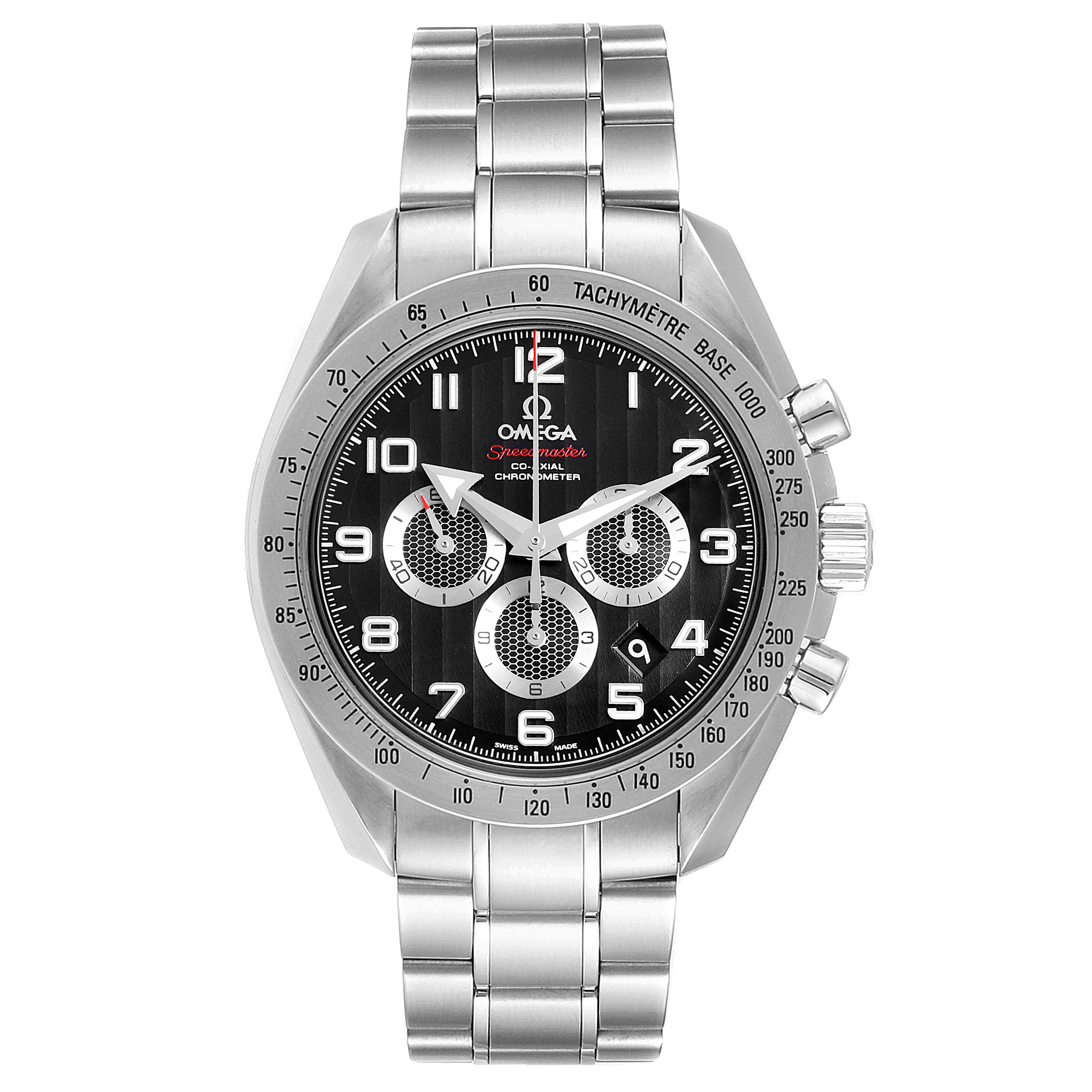 The image shows a front view of an Omega Speedmaster 321.10.44.50.01.001 Men's Stainless Steel Black Dial 321.10.44.50.01.001 Men's Stainless Steel Black Dial watch with its stainless steel bracelet and chronograph features.