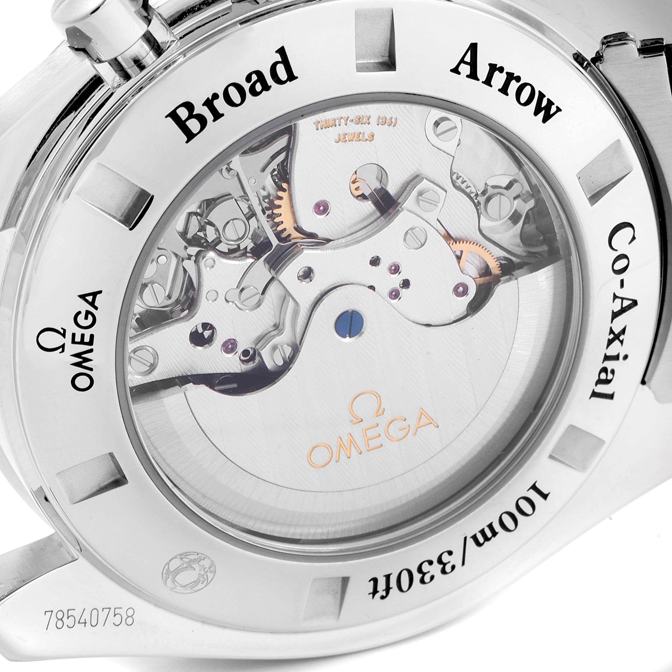 This image shows the back of an Omega Speedmaster 321.10.44.50.01.001 Men's Stainless Steel Black Dial 321.10.44.50.01.001 Men's Stainless Steel Black Dial Broad Arrow Co-Axial watch, highlighting the movement mechanism through a transparent case back.