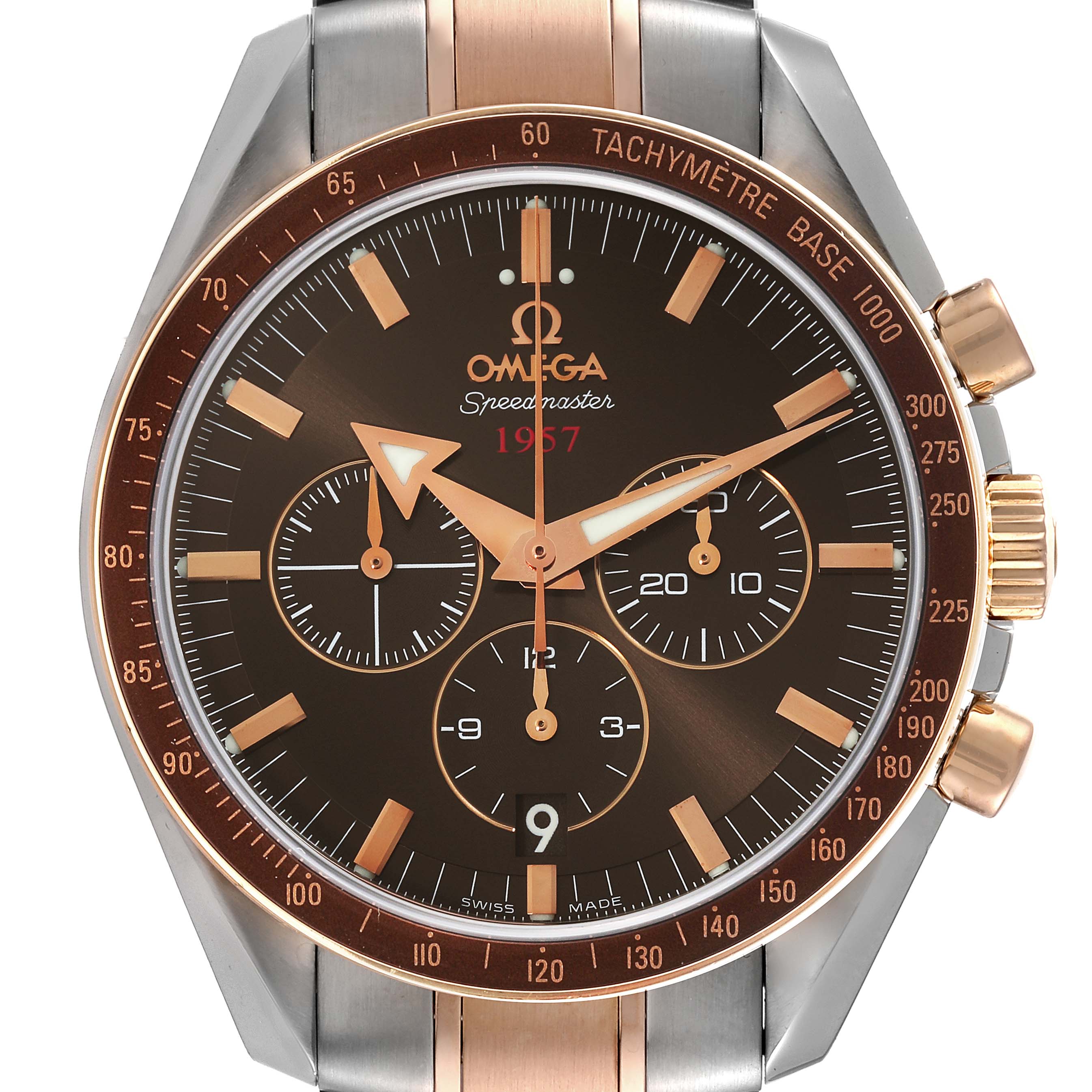 The image shows the dial and bezel of an Omega Speedmaster 321.90.42.50.13.001 Men's Steel and Gold (two tone) Brown Dial 321.90.42.50.13.001 Men's Steel and Gold (two tone) Brown Dial 1957 model watch, viewed from the front.