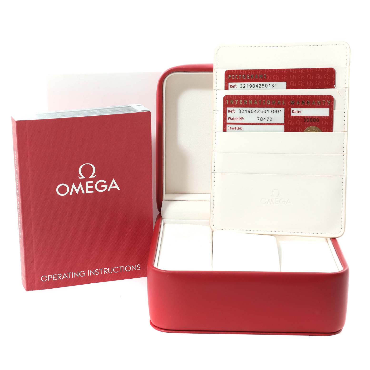 The image shows the Omega Speedmaster 321.90.42.50.13.001 Men's Steel and Gold (two tone) Brown Dial 321.90.42.50.13.001 Men's Steel and Gold (two tone) Brown Dial package, including the watch box, warranty cards, and operating instructions.